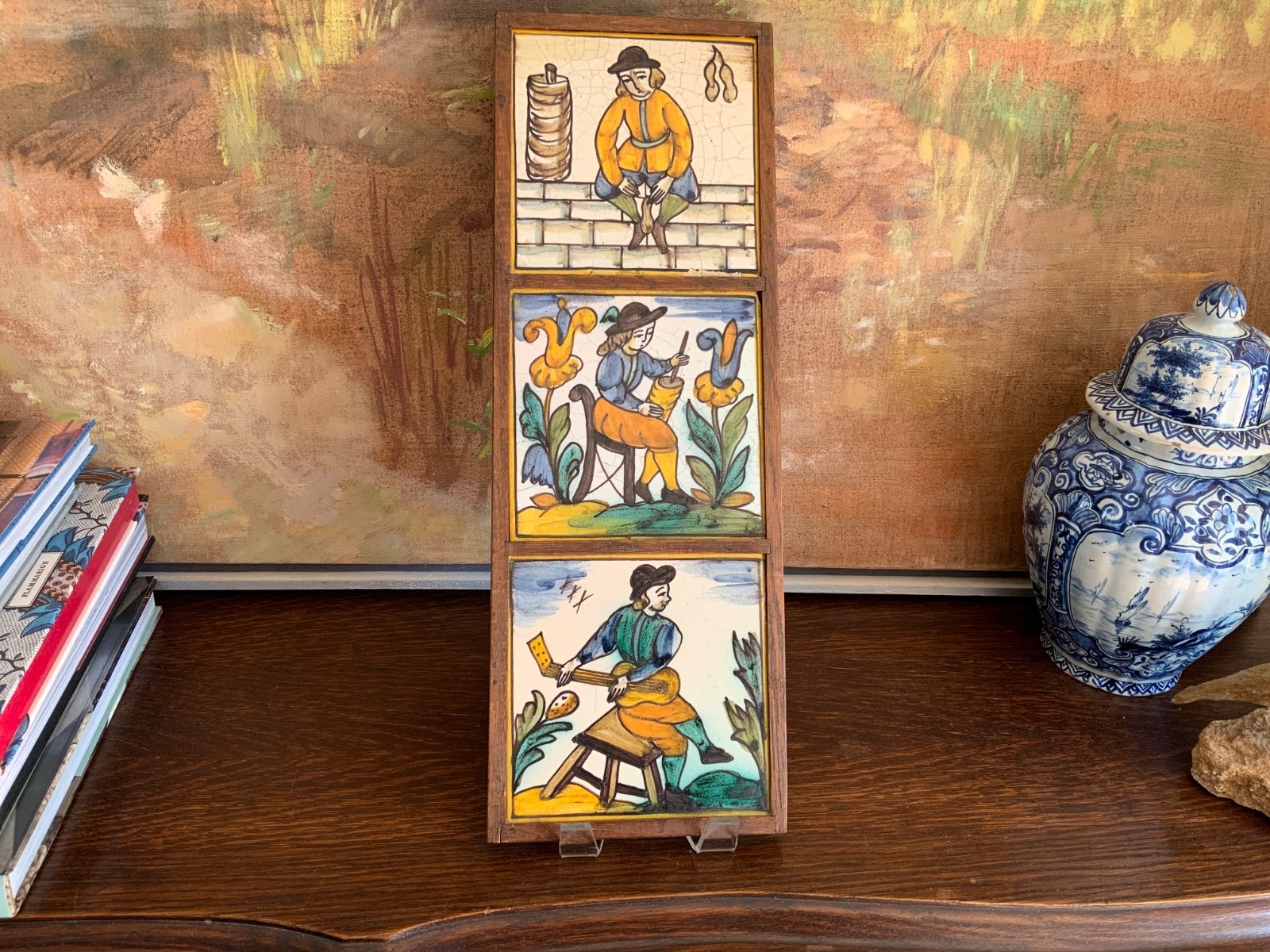 French Antique Hand Painted Faience Tiles Set/3 Framed Circa 1920