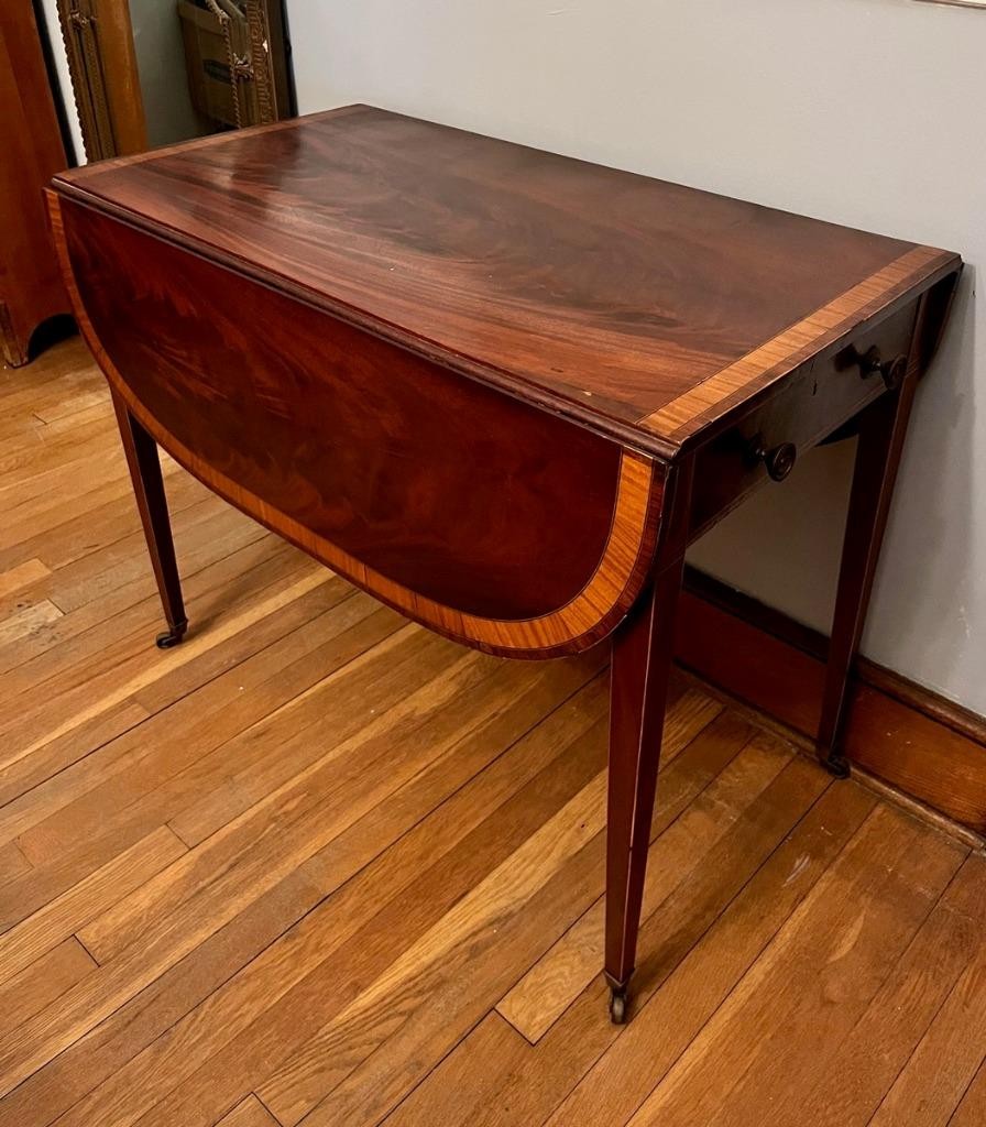 c.1810-20 Antique Inlaid Mahogany Pembroke Table Drop Leaf Drawer Caster Wheels