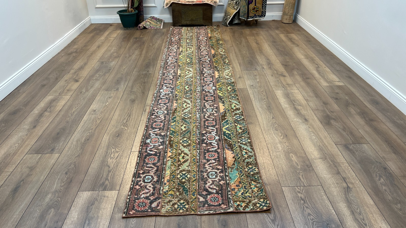 2.7 x 12.9 ft Patchwork Runner Rug, Hand Knotted Rug, Vintage Turkish Rug