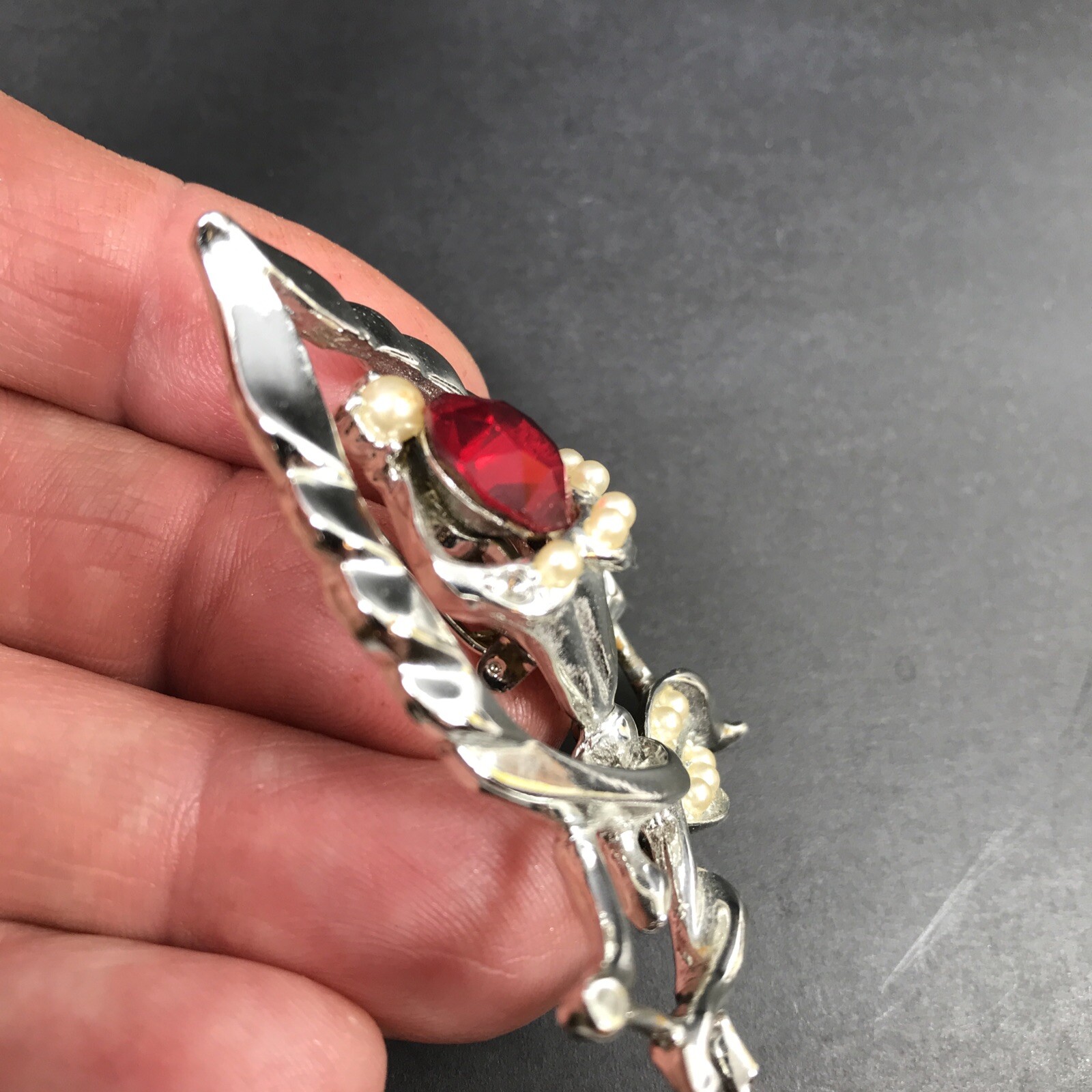 Brooch Pin Red Rhinestone Flame tiny pearls Silvertone 2 1/2 inches Statement