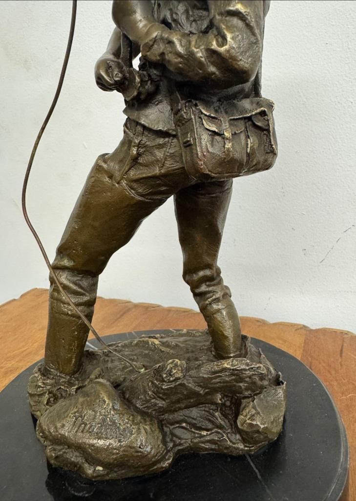 Solid Bronze & Marble Sculpture – Fisherman – 39cm High – Fishing Gift
