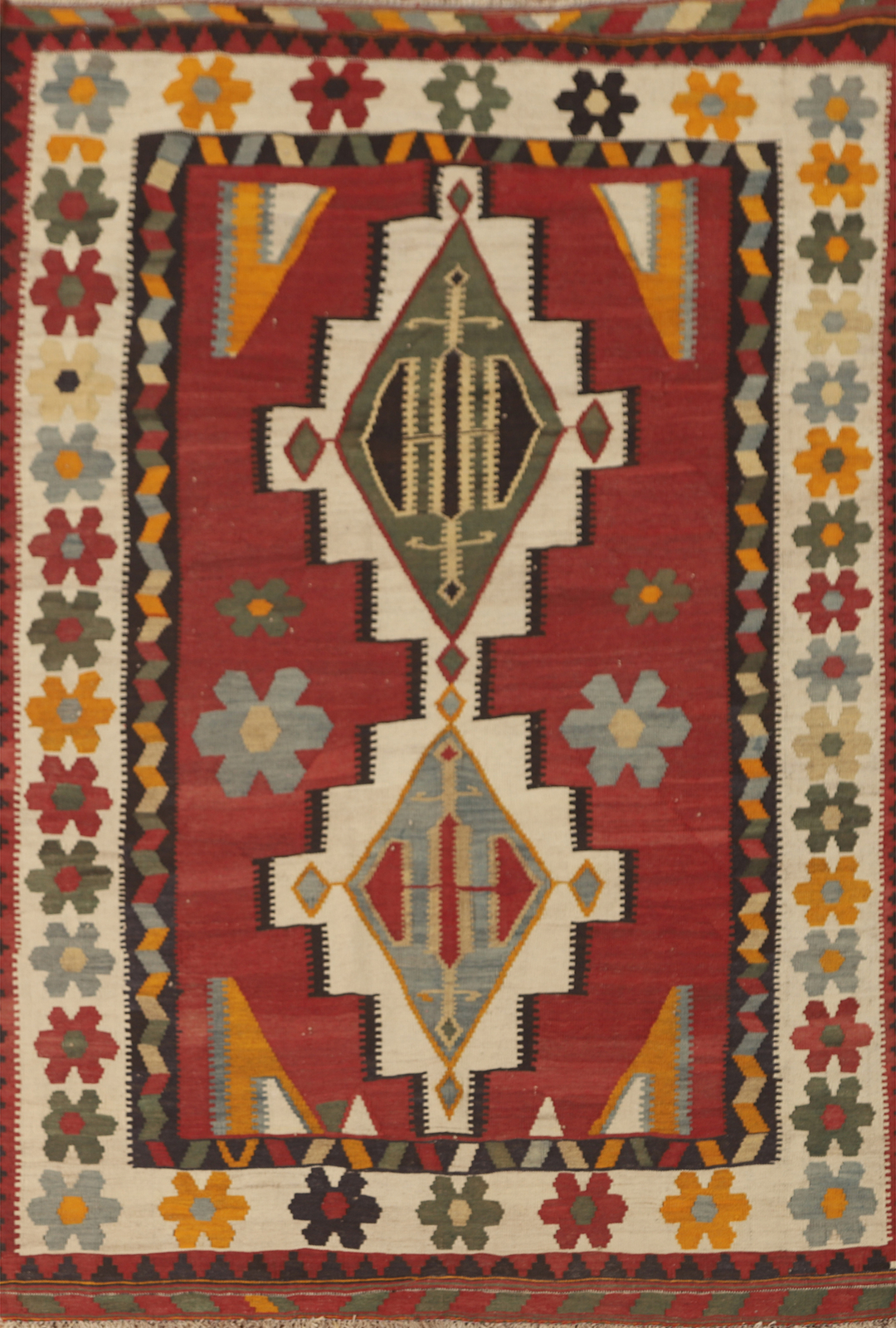 Vegetable Dye Kilim Geometric Tribal Area Rug 5×8 Vintage Red/ Ivory Carpet