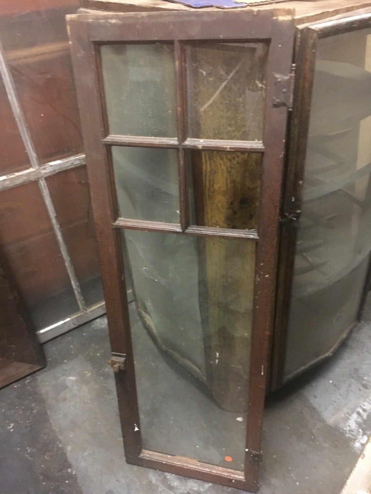c1910-20 antique pine cabinet door – glass panels original hardware 48” x 16” w