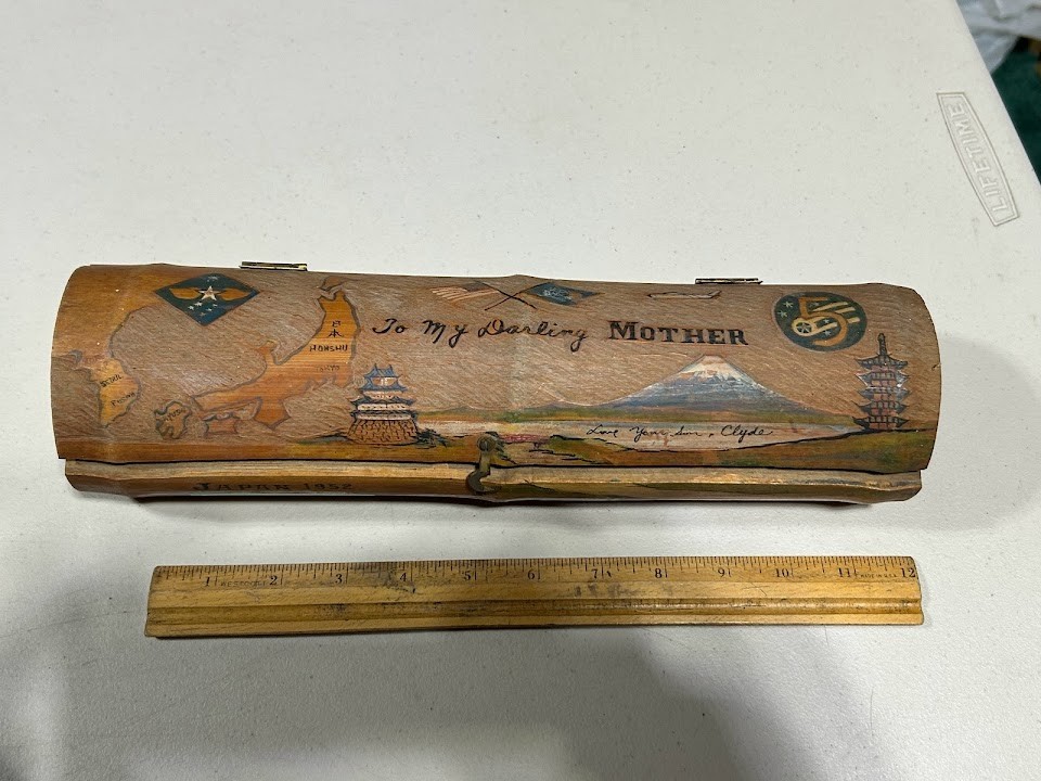 1952 Japanese hinged bamboo box with dragon artwork interior. Hand painted ext.