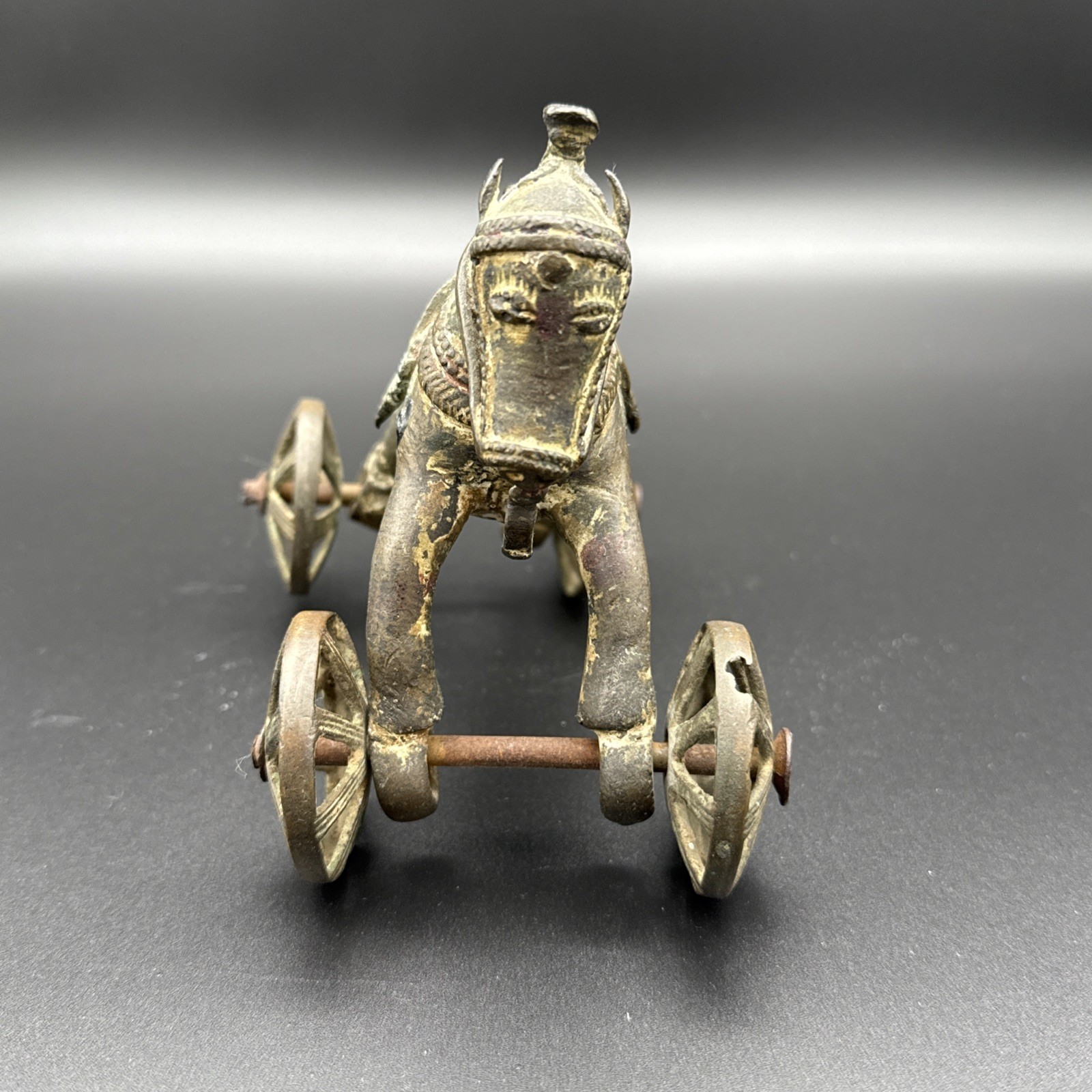 Antique Indian Solid Brass Temple toy, Horse on wheels 4.75” Tall & 5.5” Length