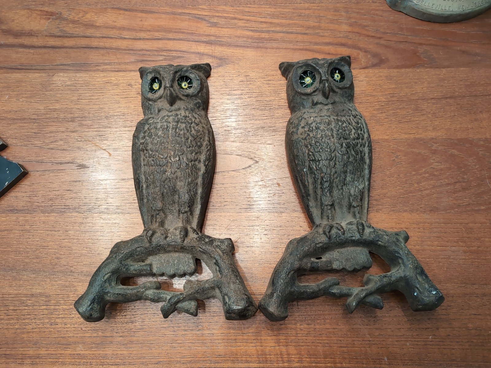 Antique 15″ Cast Iron Owl Andirons Fireplace Green Glass Eyes 3002-2