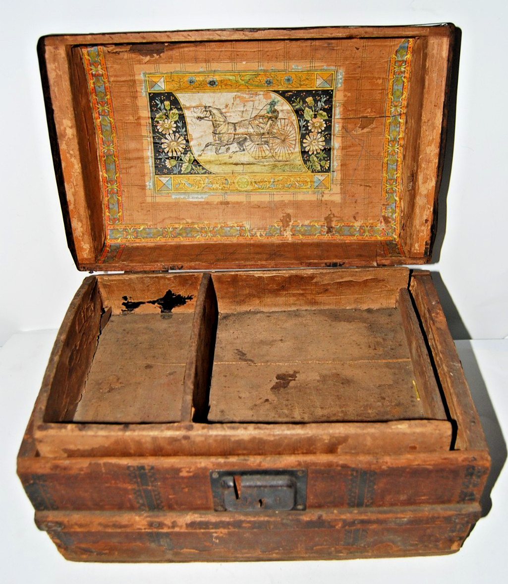 Antique Hump Back Doll Trunk Victorian Saratoga Dome Top 1800s Lithograph