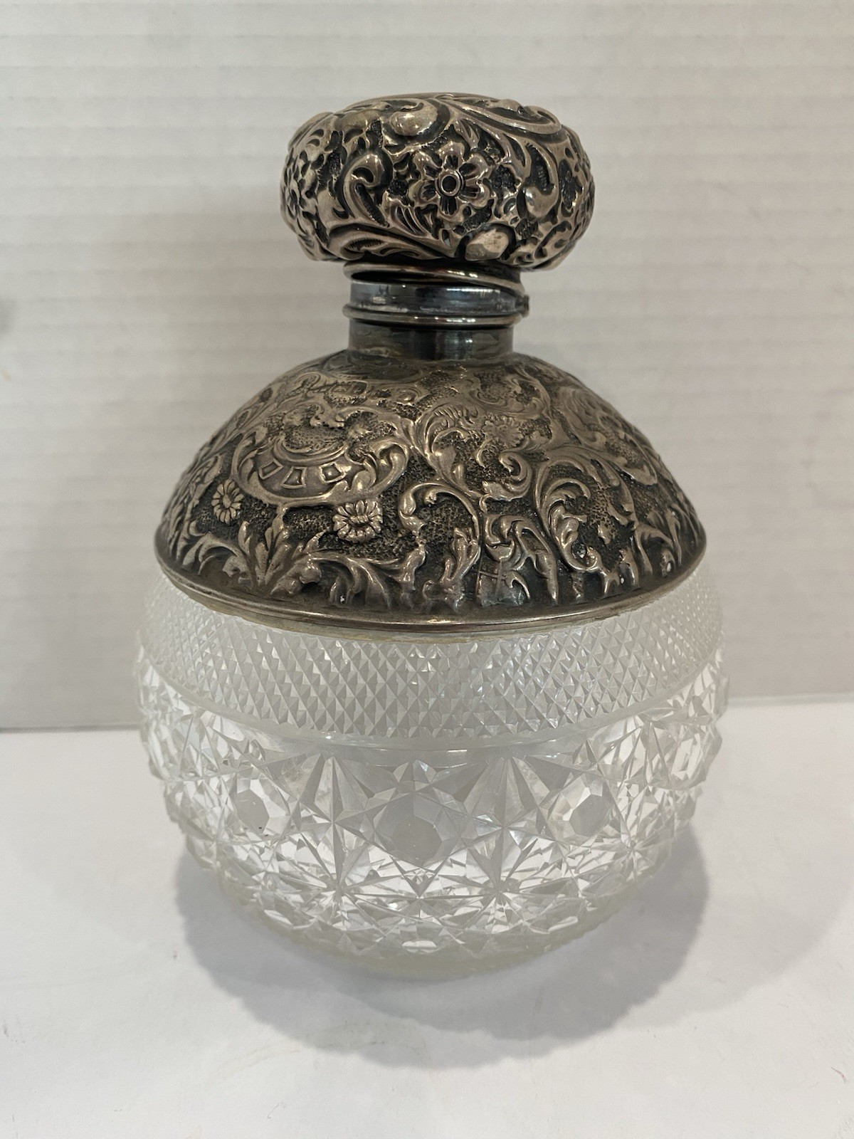 ANTIQUE ENGLISH STERLING SILVER & GLASS PERFUME BOTTLE 6 1/4” TALL