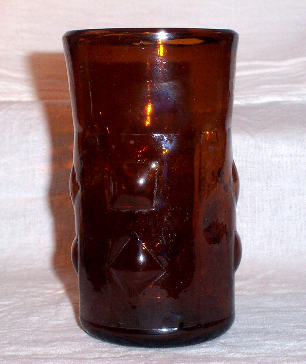 Antique Hand Blown Arts & Crafts Tumbler Drinking Glass , Amber Color Diamonds