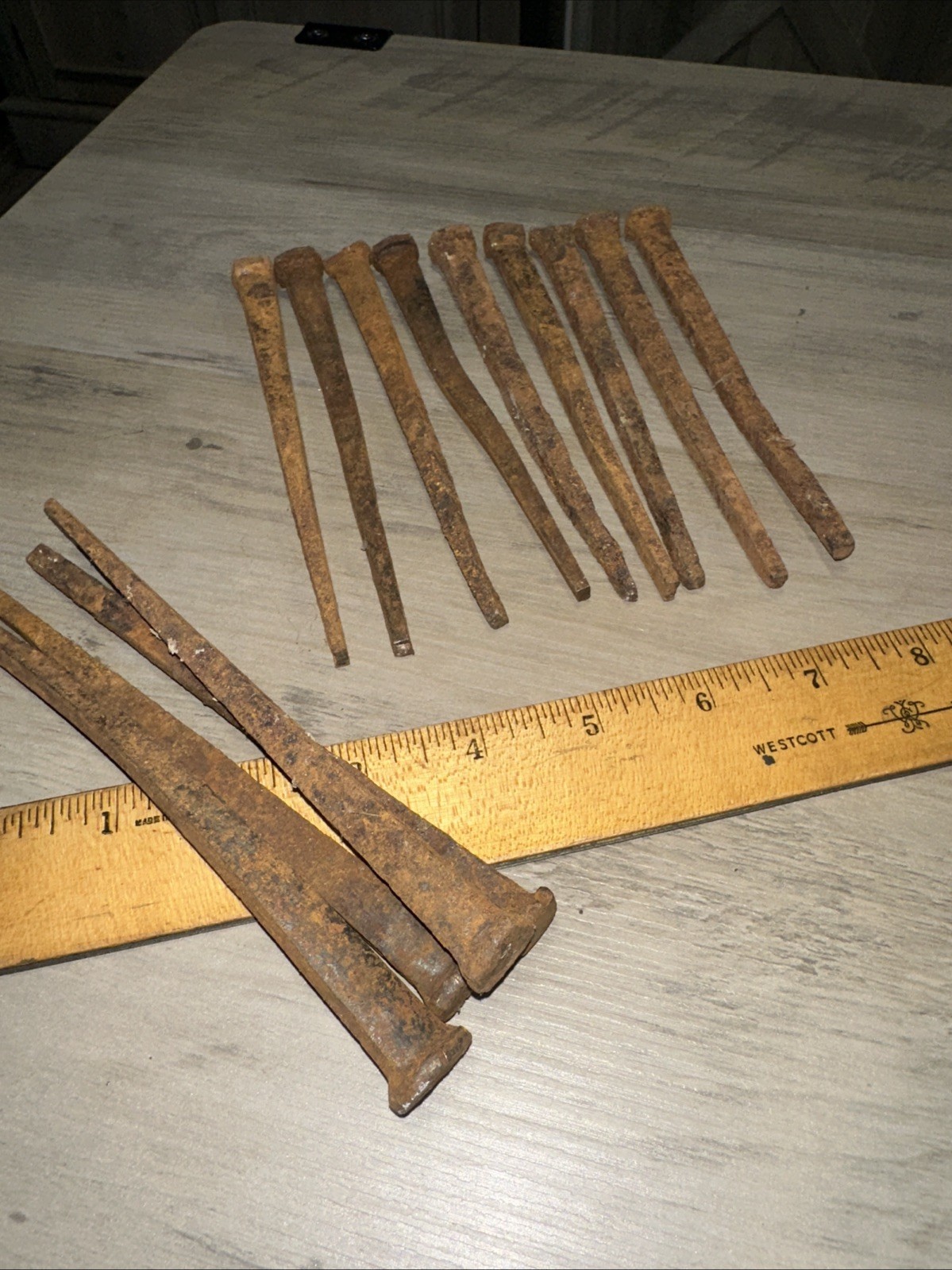 Lot of 13 Antique ~6″ long square cut nails Steel Iron Blacksmith Rustic