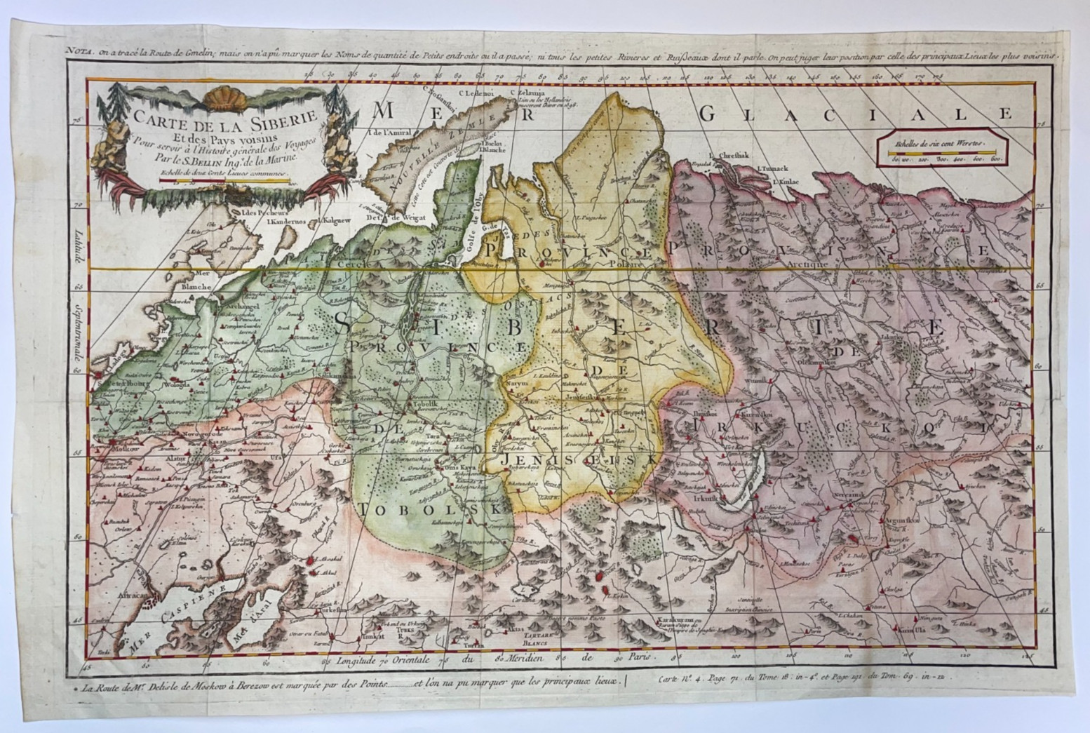 SIBERIA RUSSIA c. 1754 NICOLAS BELLIN ANTIQUE ENGRAVED MAP
