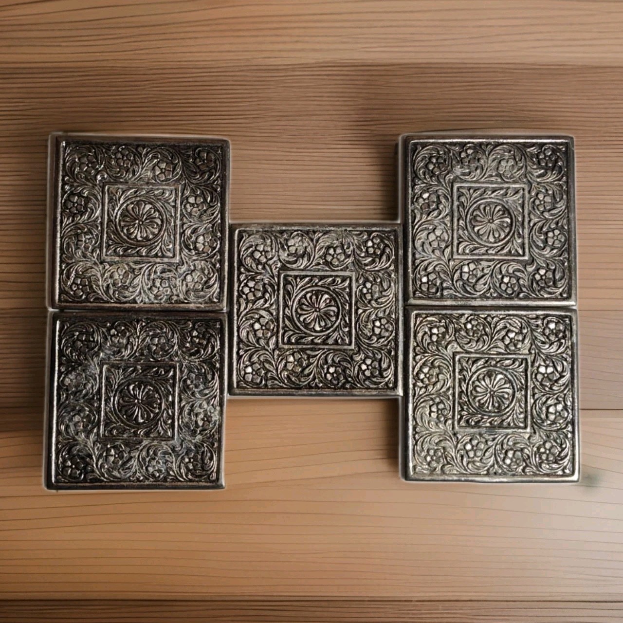 Vintage Set of 5 Floral Cast Metal Tiles 3.5″ Heavy Relief Inlay Decorative Art