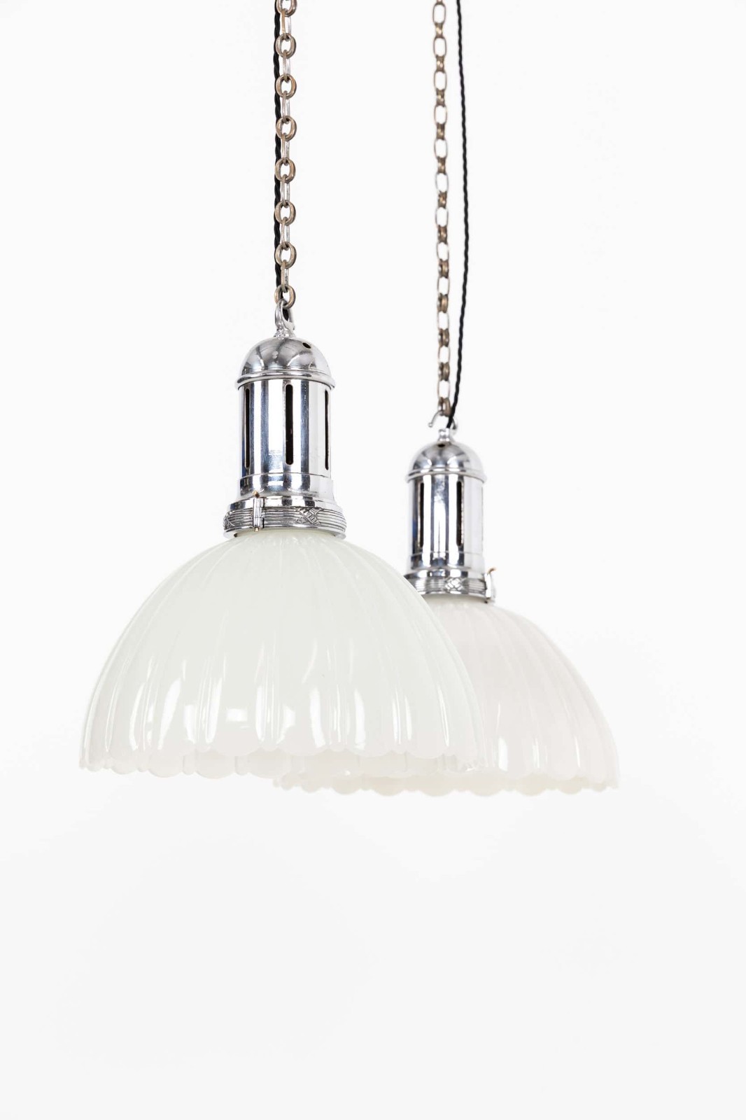 Antique Pair of GEC Moonstone Glass Pendant Lights With Brass galleries