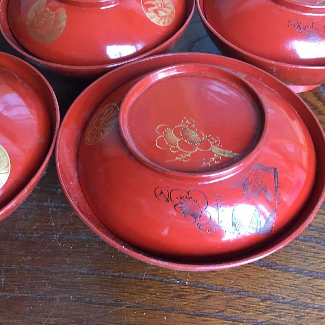 N/A Wajima Lacquer Red Ground Crane Turtle Plum MakiE Soup Bowls 5 Set