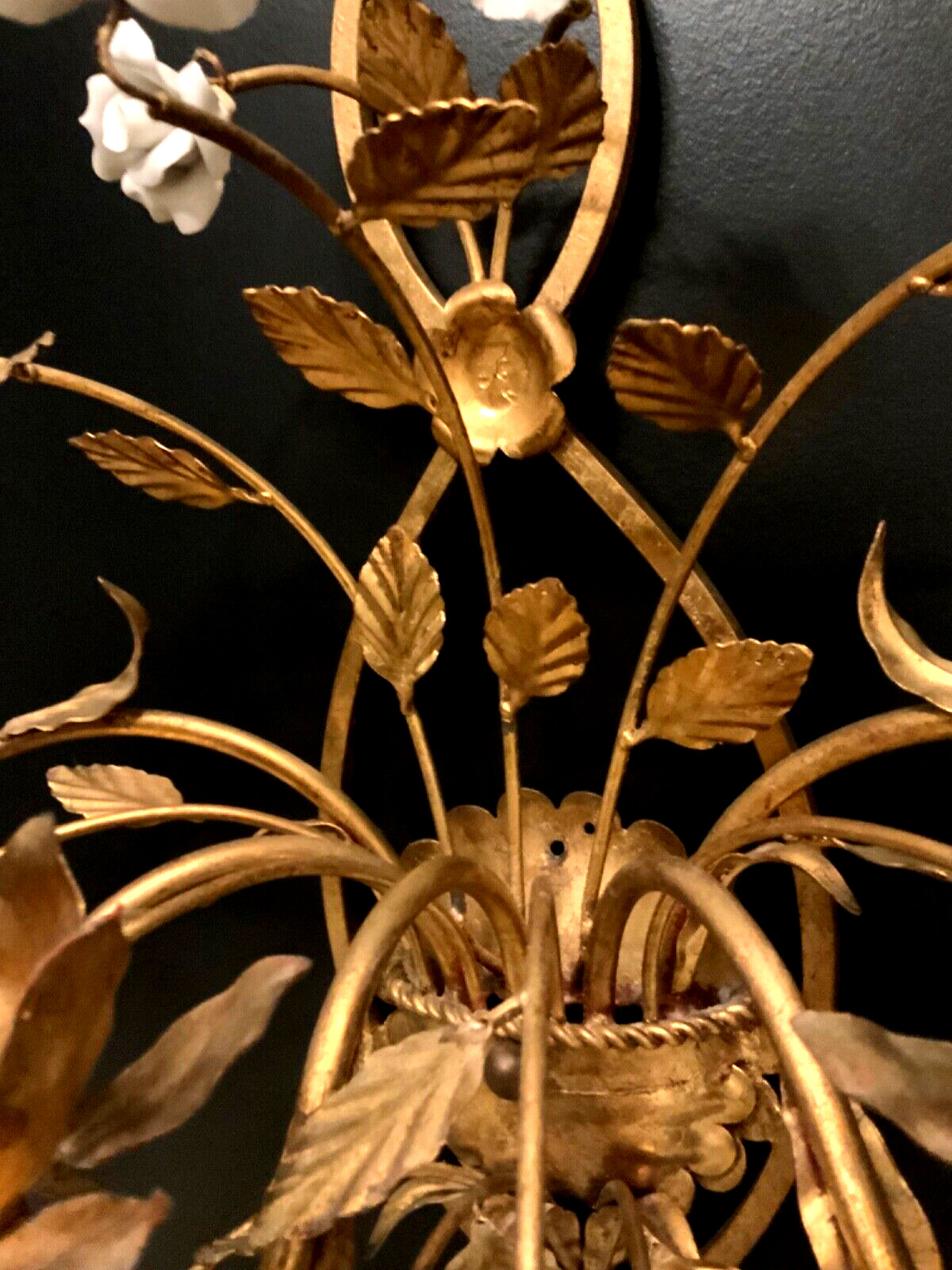 VTG ITALIAN Gold Gilt White PORCELAIN Roses Wall 5 Light SCONCE Stunning Quality