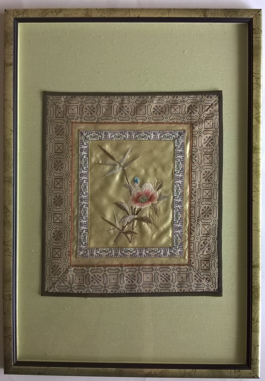Vintage Chinese Textile Art Silk Embroidery Flower Bamboo Professionally Framed