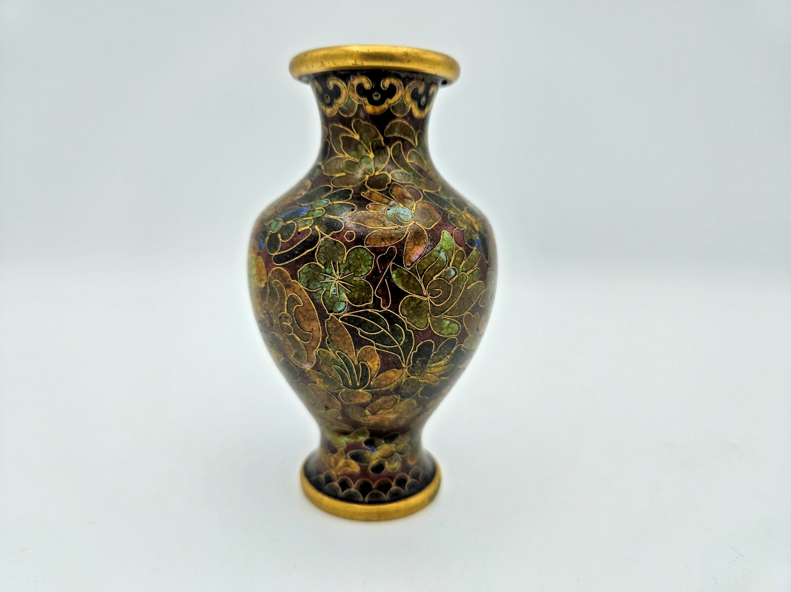 Vintage Chinese Cloisonné Vase 4 1/4Earth Tones Floral Pattern Over Brass
