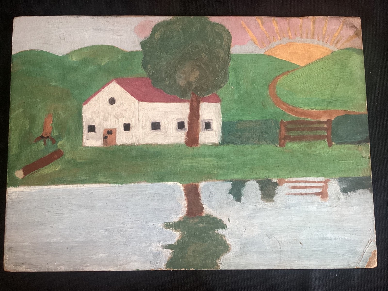 Vintage AAFA Folk Art Primitive Landscape Oil Painting Outsider