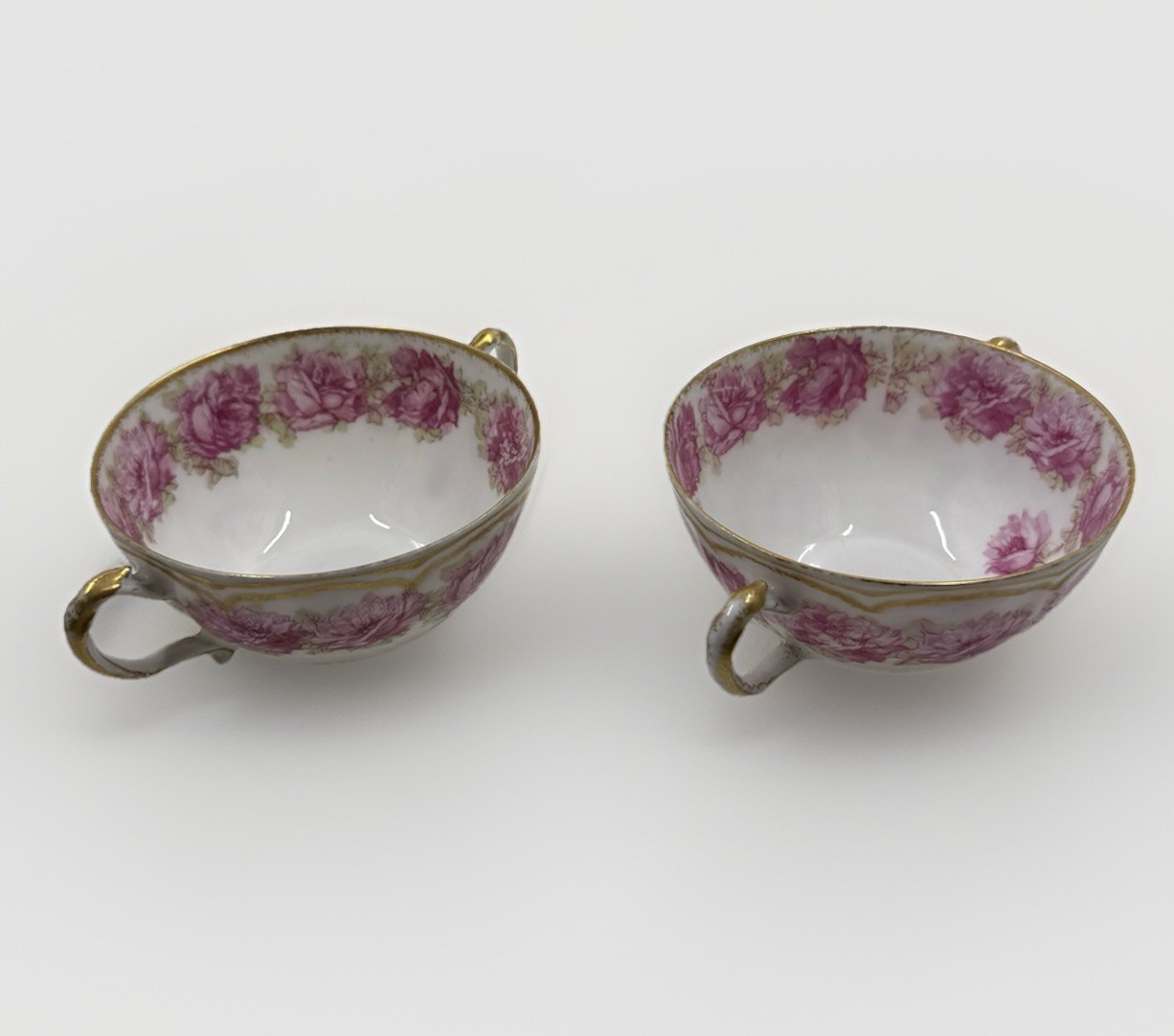 Two Rare Antique Haviland France Limoges Pink Drop Rose Gold Bouillon Soup Cups