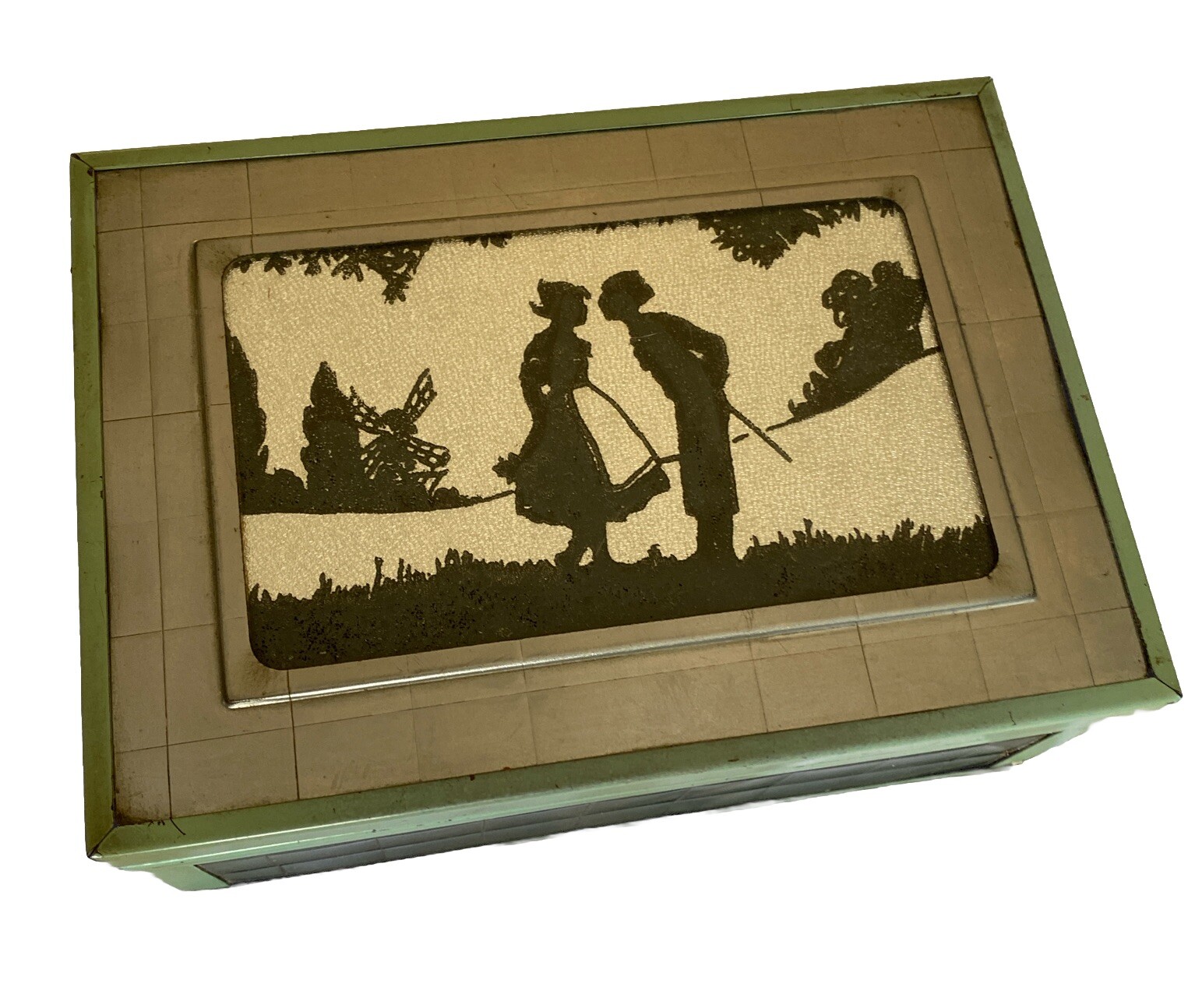 ART DECO CHROMIUM DRESSER JEWELRY BOX SILHOUETTE GREEN METAL WOOD INTERIOR 1920s