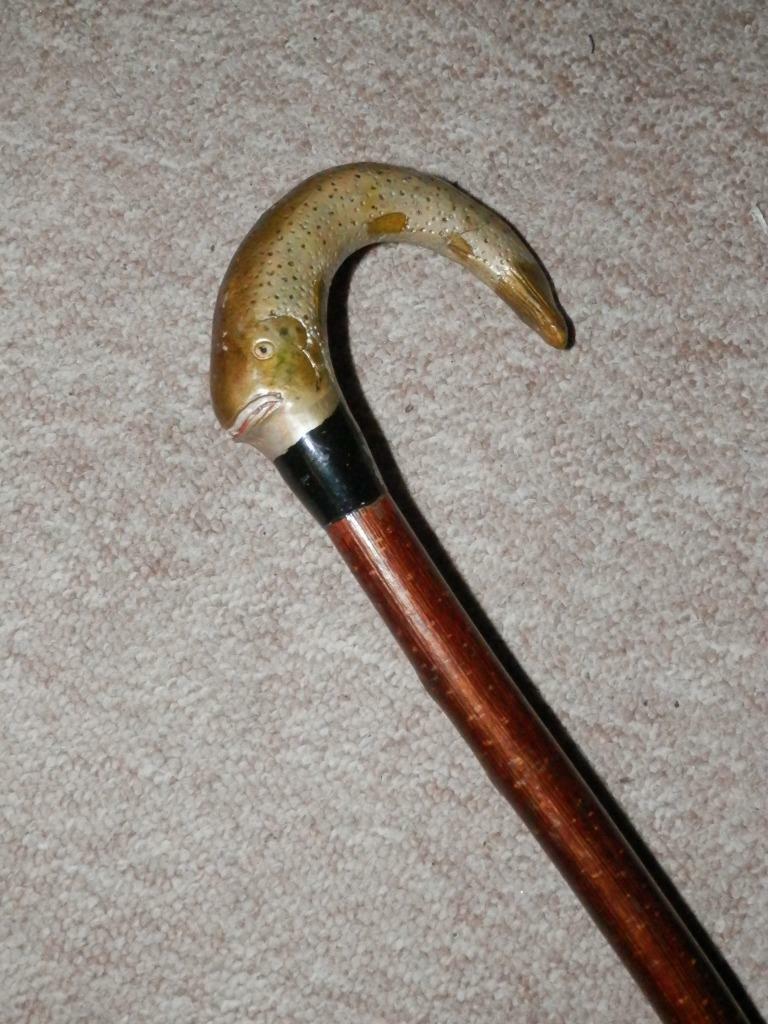 Antique Birch Walking Stick/Cane With Hand-Carved Salmon Fish Handle – 138cm