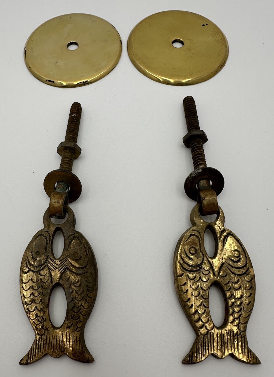 Vintage Brass Chinese Carp/Fish Furniture Drop Pulls Backplates RARE FIND Lot 2