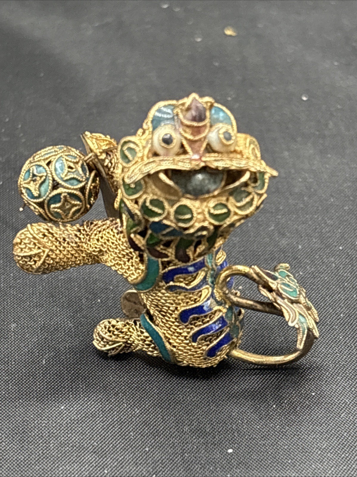 Vintage Gild Filgree Fu Foo Dog Lion W/ Enamel Inlay 2”