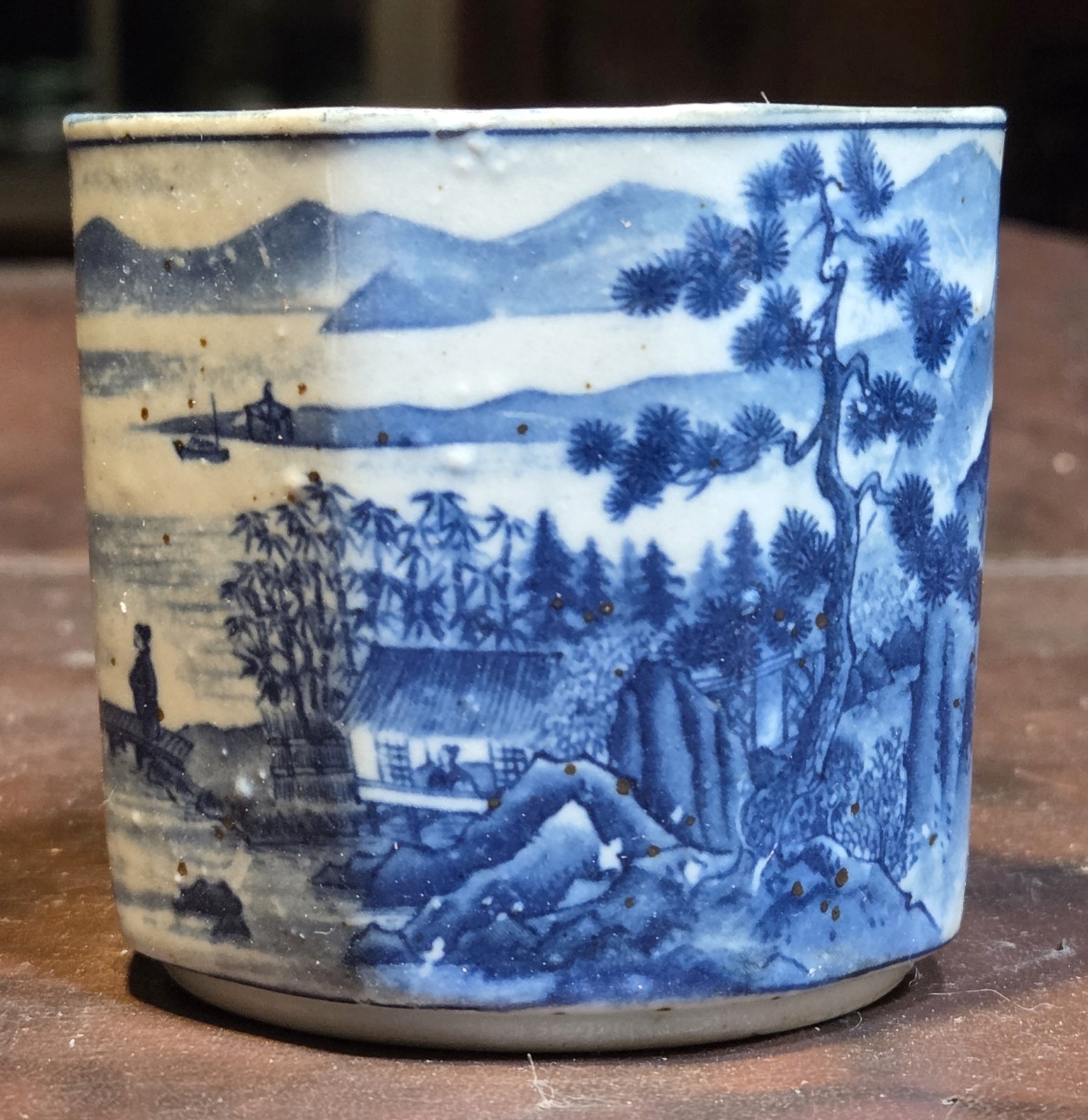 Antique Asian Blue White Transferware Landscape Brush Pot Desk Cachepot Octagon