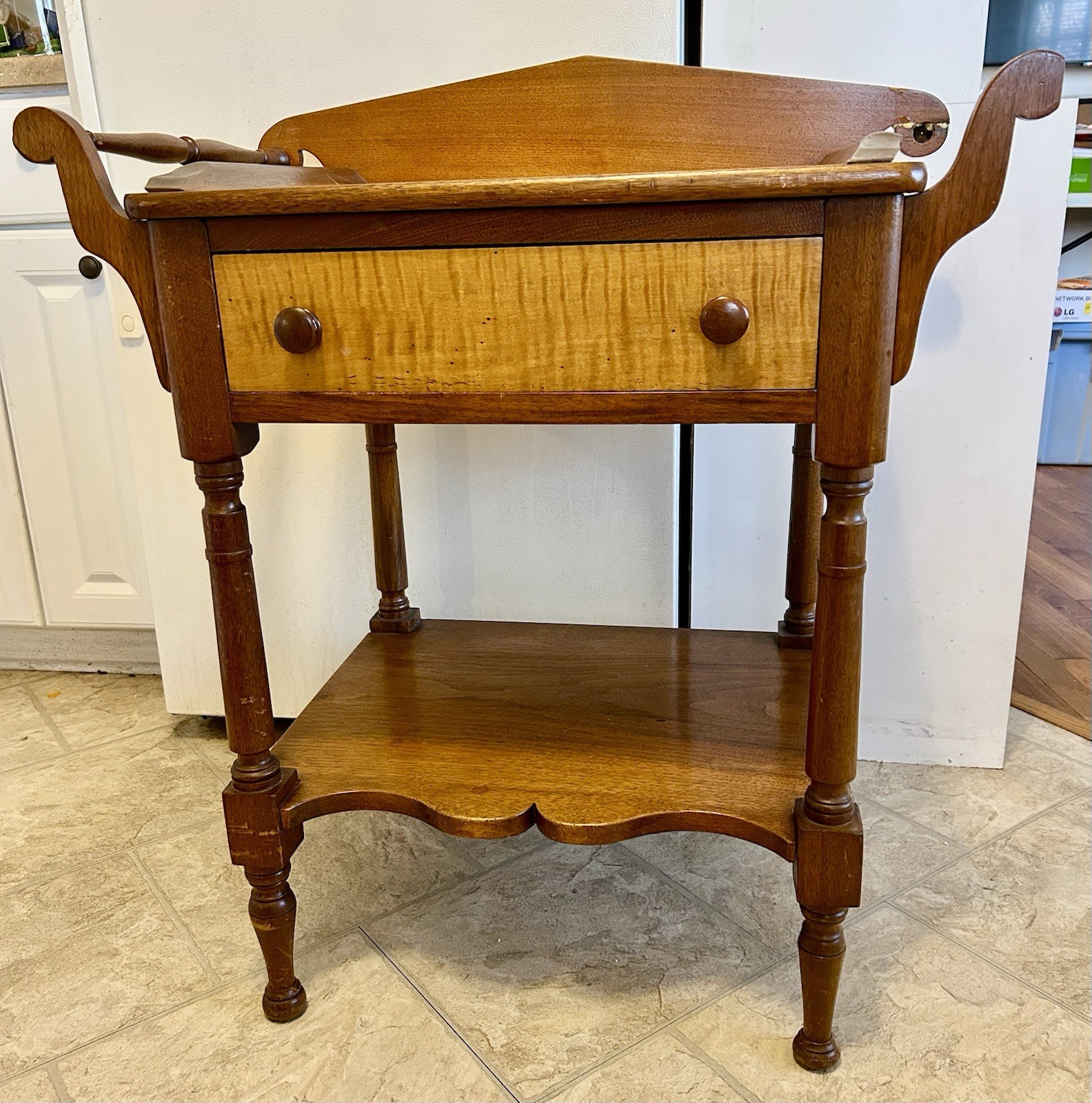 Antique Solid Cherry & Curly Tiger Maple One Drawer Washstand Towel Bar Repair x
