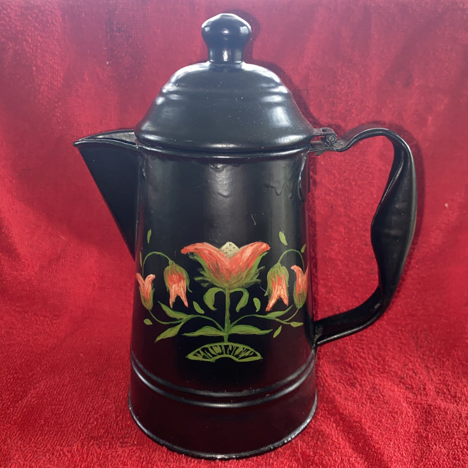 Antique Black Toleware Coffee Pot Red Pink Flowers Tole Hand Painted Folk Art