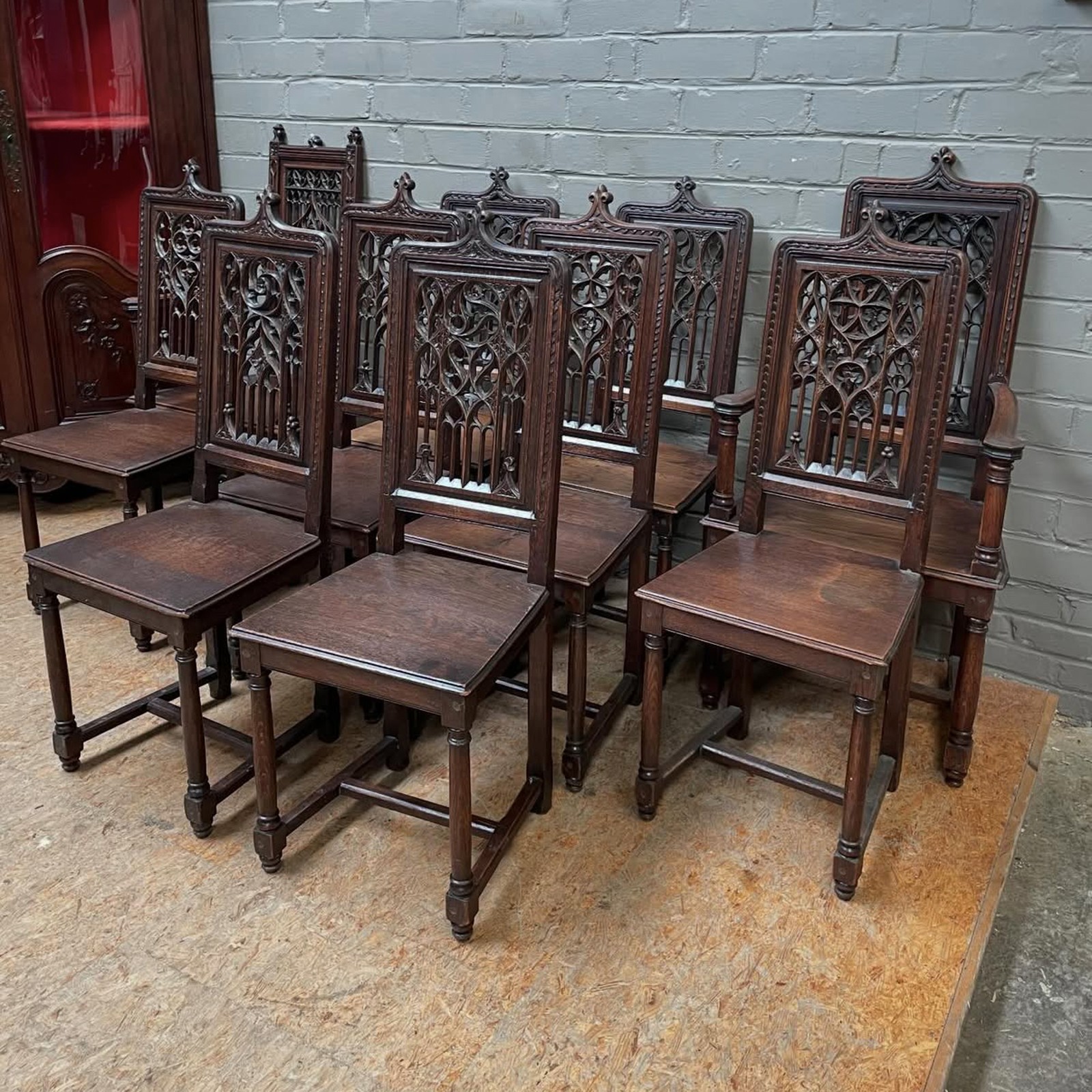 Set of 10 Antique French Gothic Oak Dining Chairs, 2 Armchairs