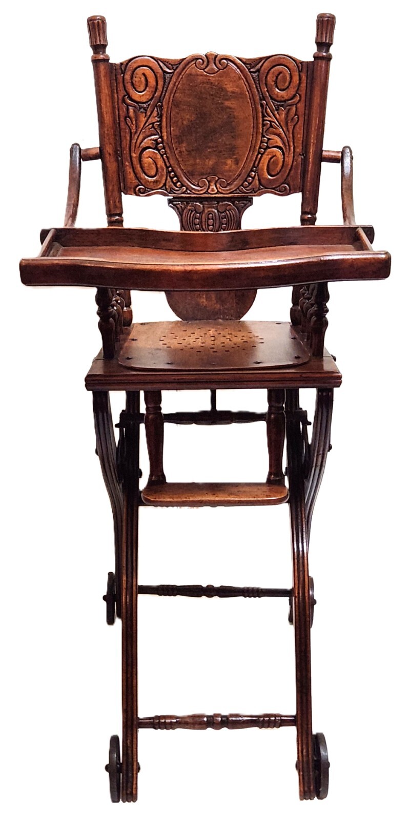 Oak HIGH CHAIR, Stroller Convert, Child, Carved Back, Spindles, Beaux Arts, 41″t