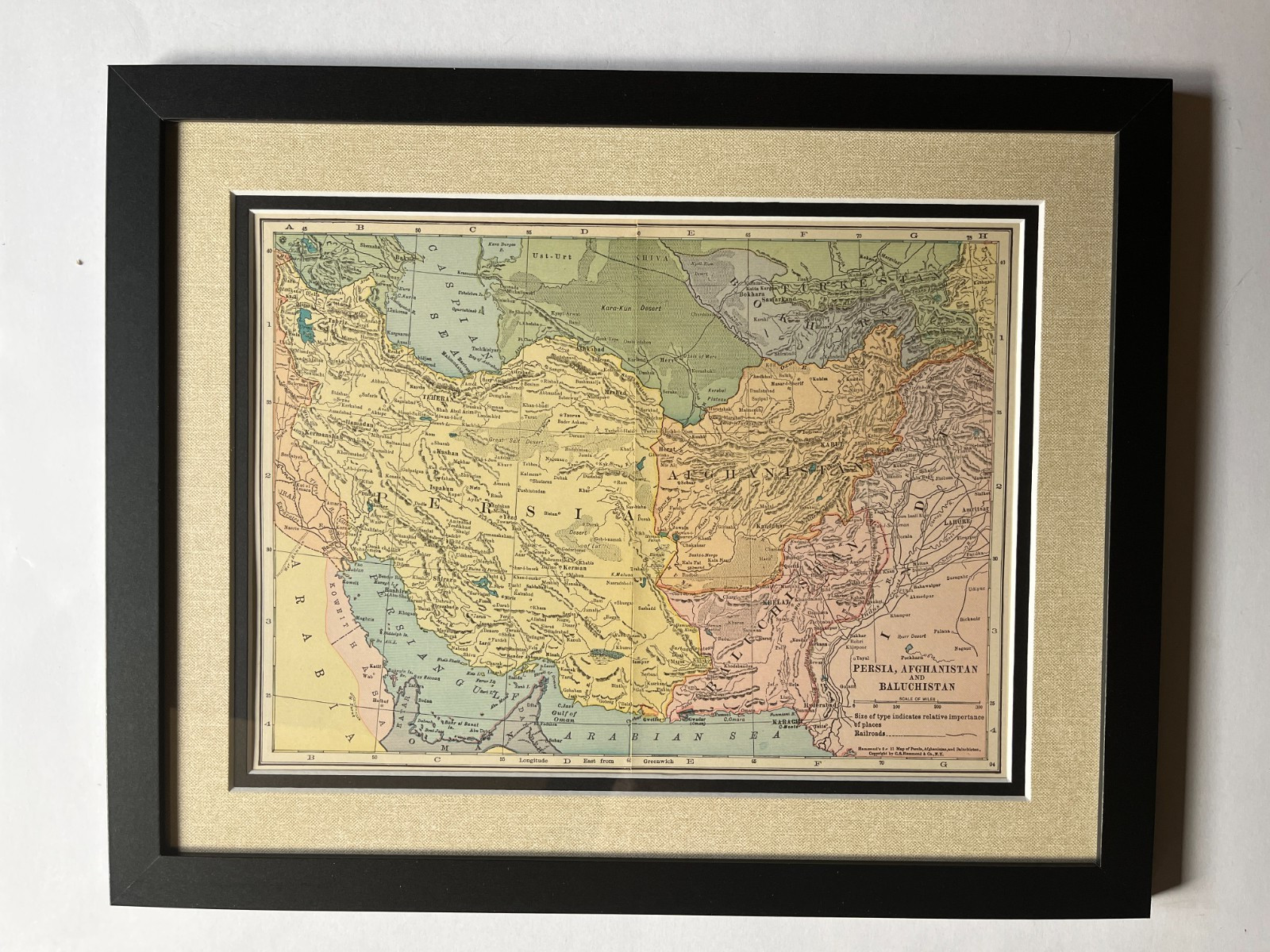 PERSIA/IRAN AFGHANISTAN Map, 12″x15″ Frame/Dbl Mat fm 1927 Atlas SEE DESCRIP