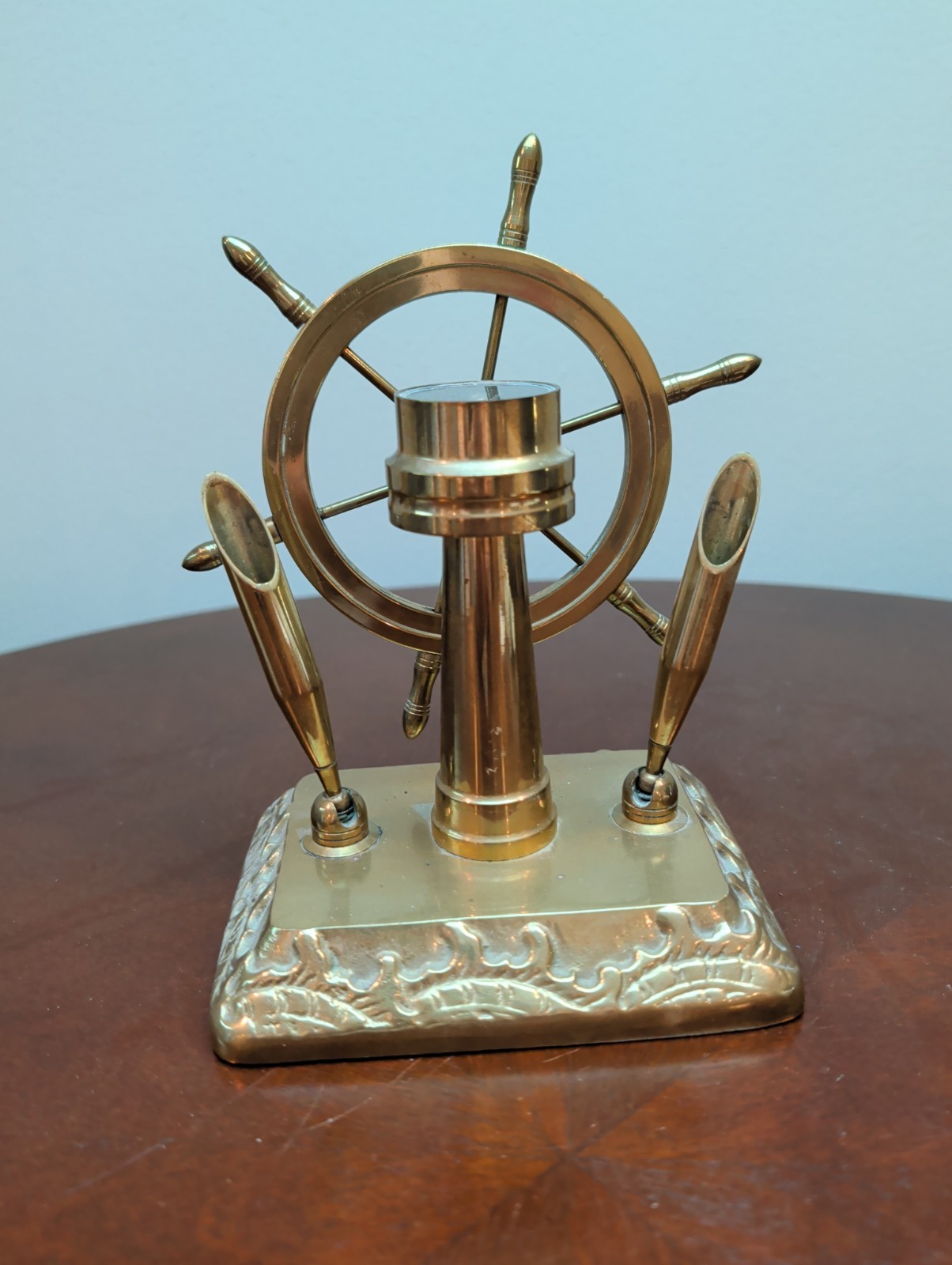 Vintage Penco Brass Ship Wheel /Compass Double Pen Holder