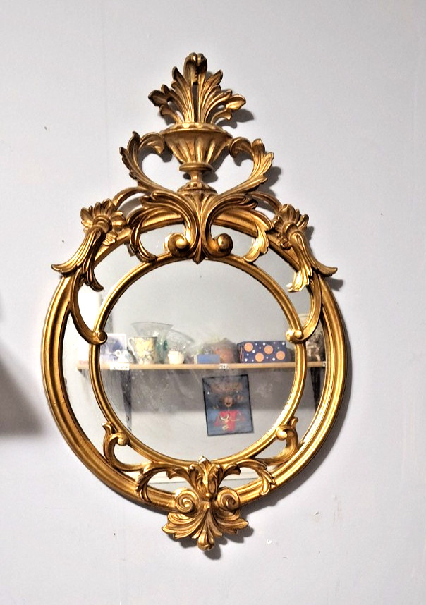 Vintage Italian Neoclassical Gilt Mirror w Urn & Acanthus Crest – 22” Wall Decor