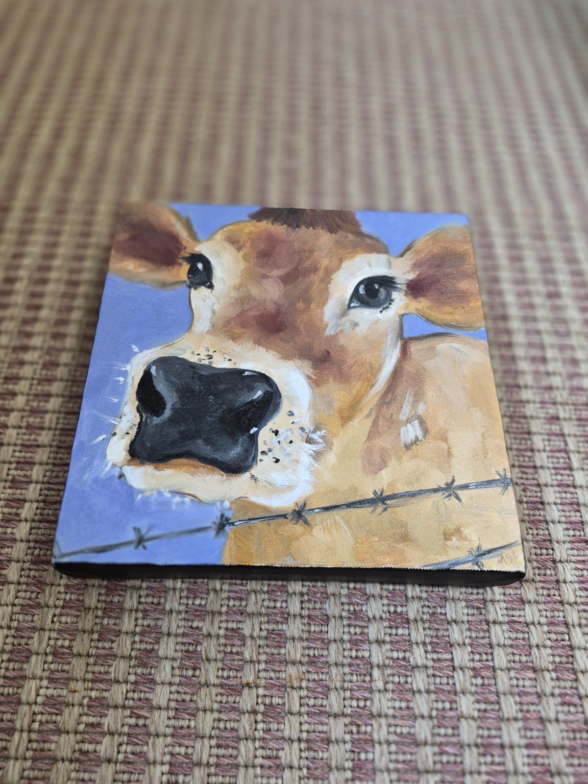 Vintage Original Oil Painting Cow closeup on blue background