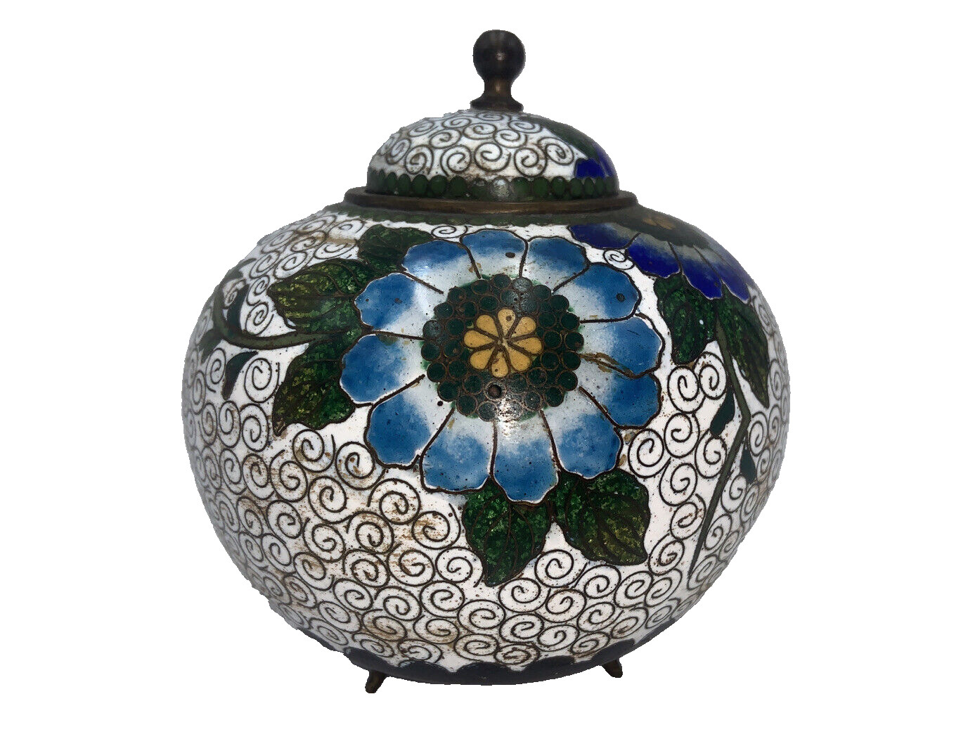 Chinese Cloisonne Enamel Flower Blossoms Butterfly Footed Jar Box w/ Lid Vintage