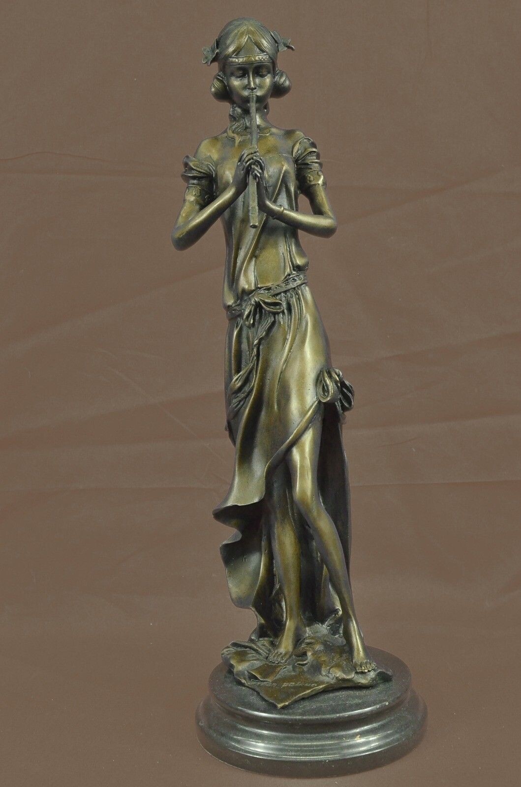 Bronze Signed Original French Jean Patoue Female Flute Player Sculpture Sale