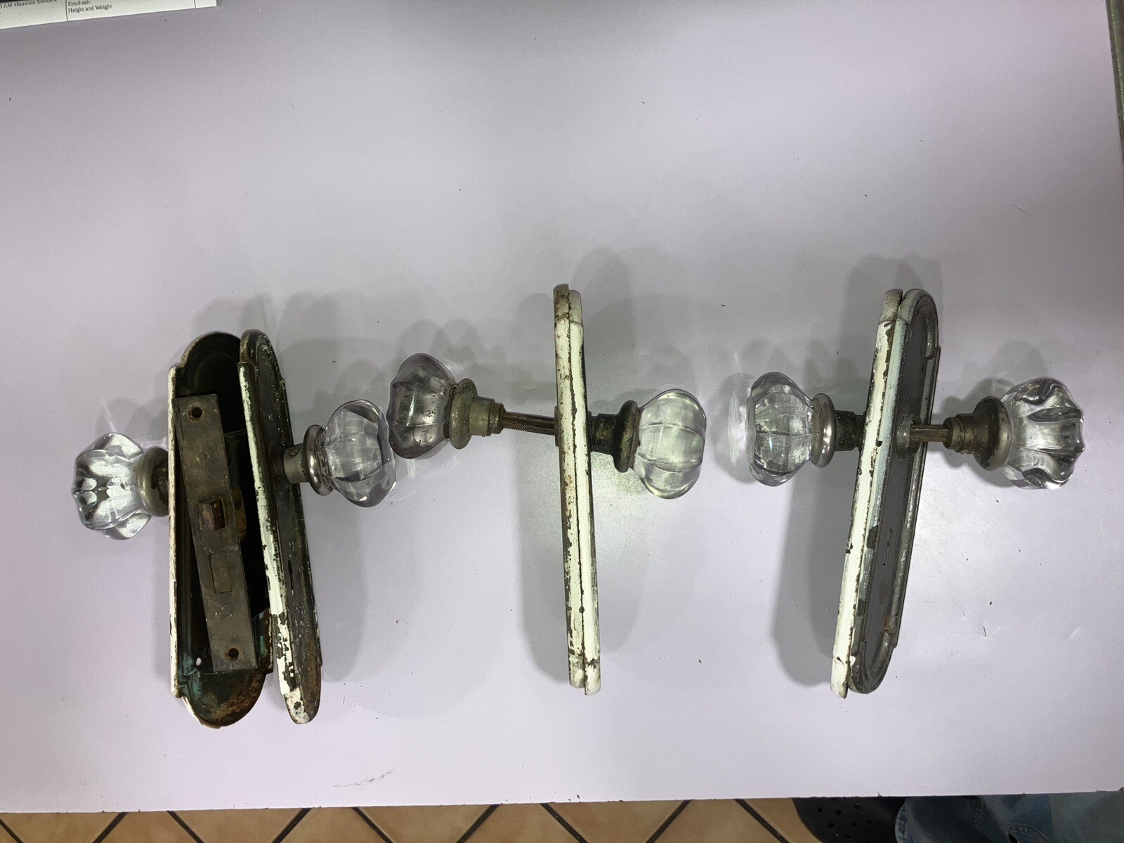 3 Antique Victorian 8-Point Crystal Door Knob Knobs 1- Lock Case, 6 W/ Plates