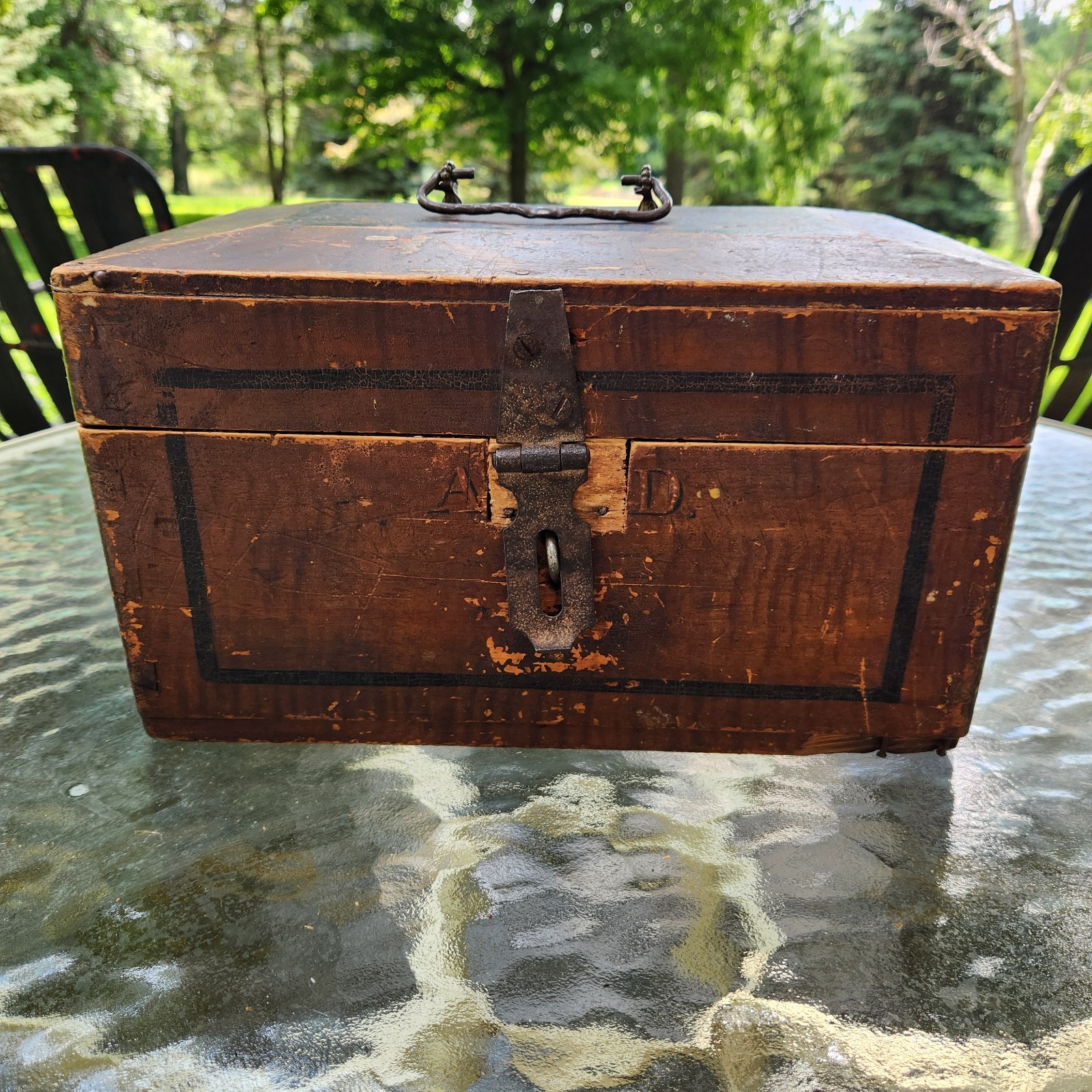 Antique Primitive Small Travel Trunk Ditty, Wood Doc Box Dovetailed Corners