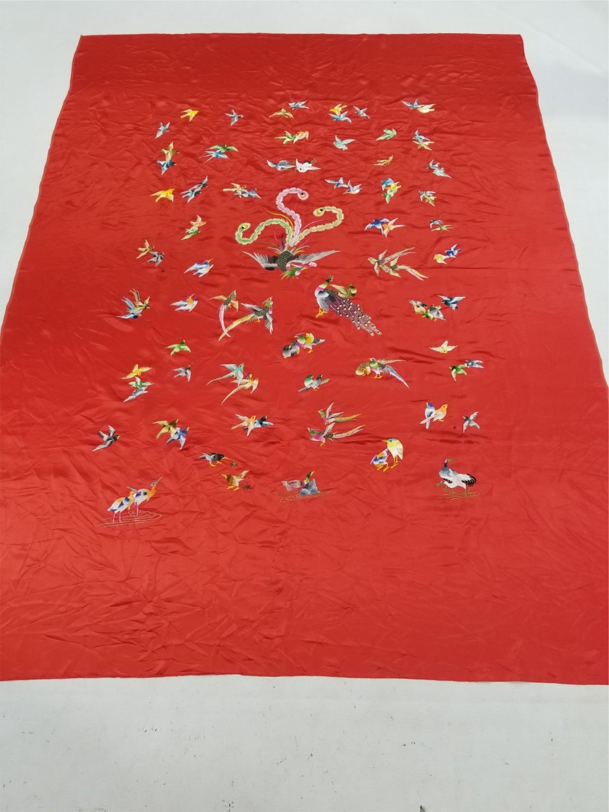 Antique Chinese Hand Embroidered Birds Silk Panel 74×56 inches