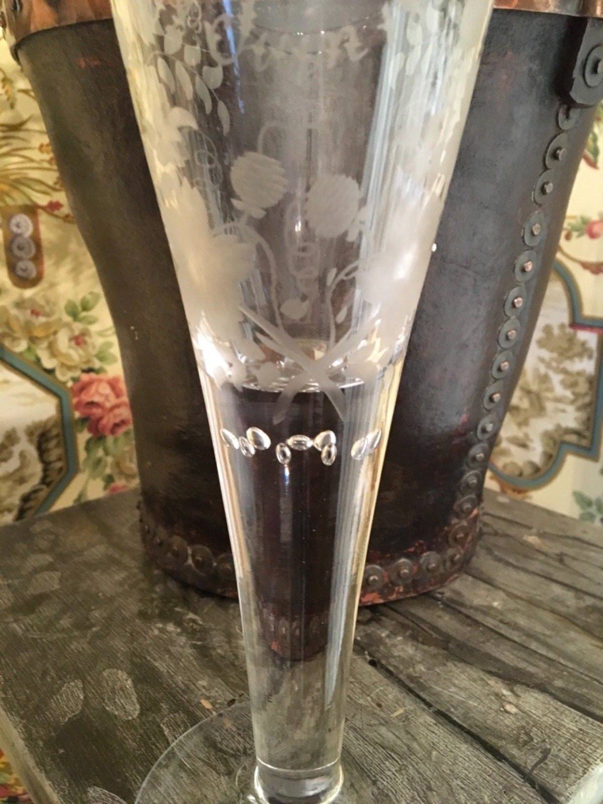 French Glass Goblet Vase Wine Champagne Wedding Dated 1880 Etched Floral