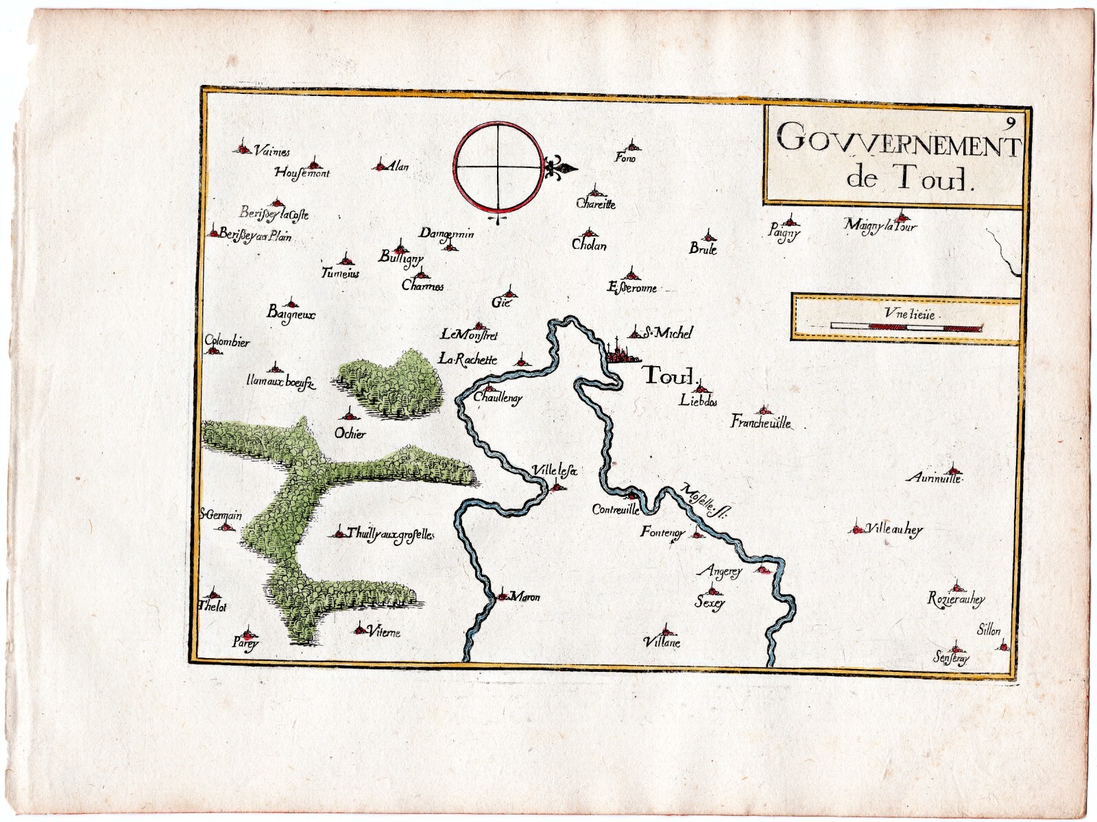 1634 Nicolas Tassin Antique Map Toul, Domgermain, Maron, Aingeray, France