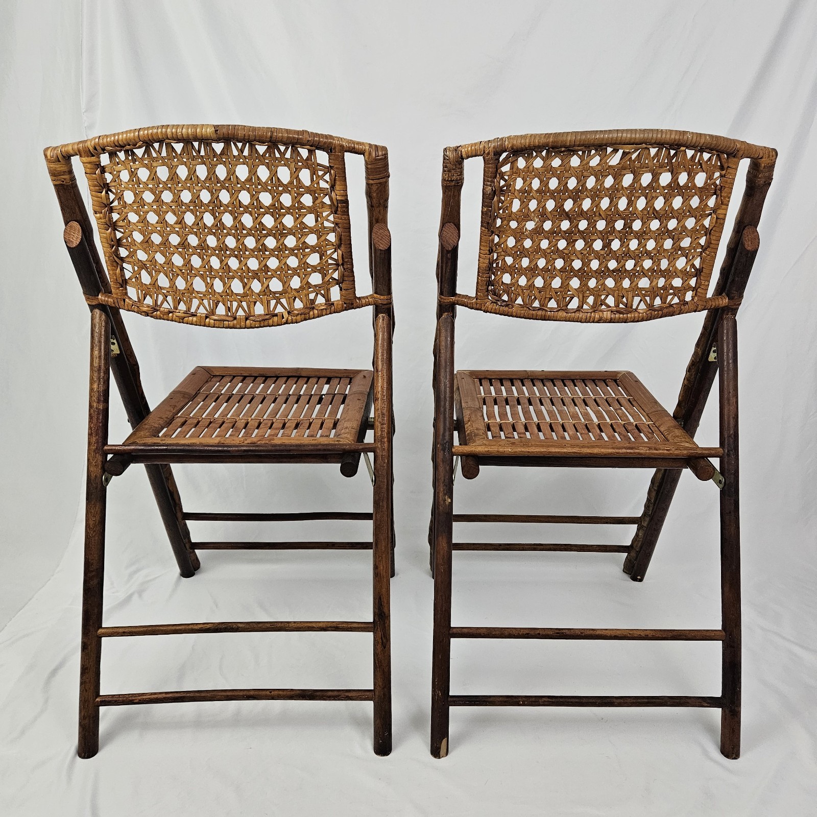 Vintage Folding Chair Set Tortoise Shell Bamboo W/Cane Back Dining MCM Boho