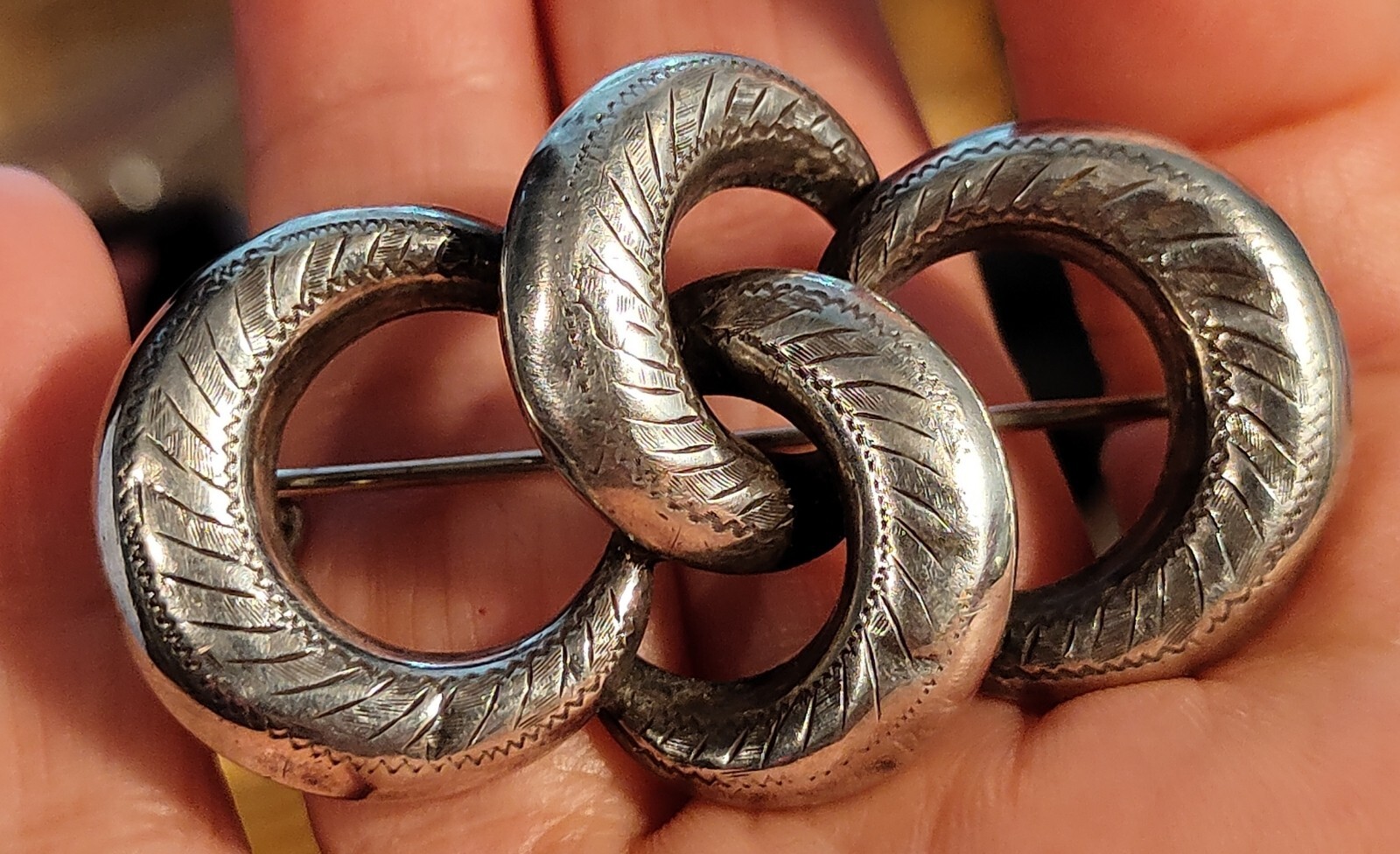 Victorian Sterling Love Knots Etched 2″ Pin Hinged C-Clasp 9.4g Unmarked