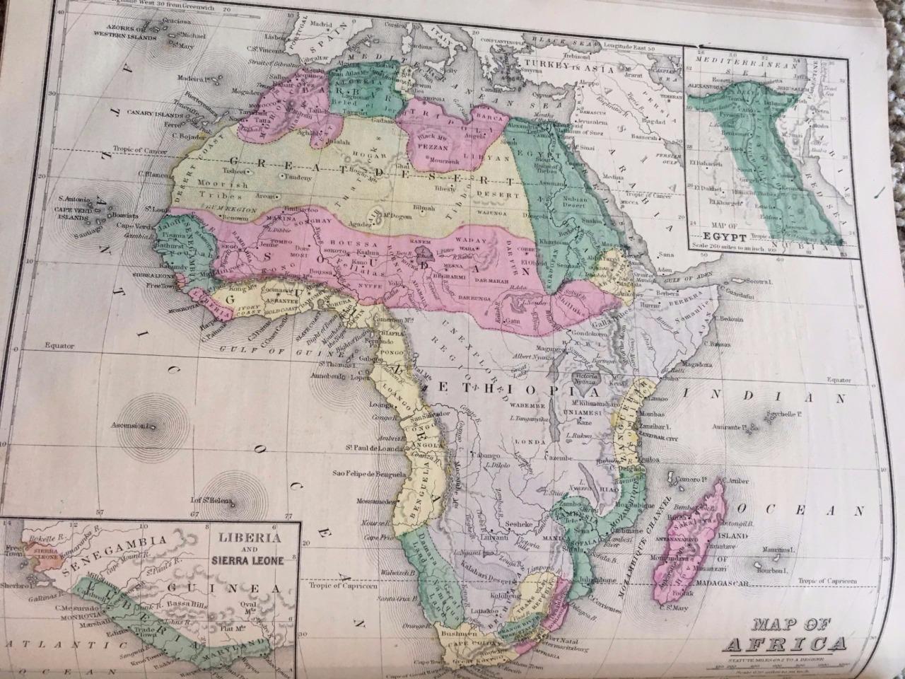 1872 GEOGRAPHY ATLAS,D.M.WARREN SCHOOL,33 COLOR MAPS,65 ILLUSTRATIONS