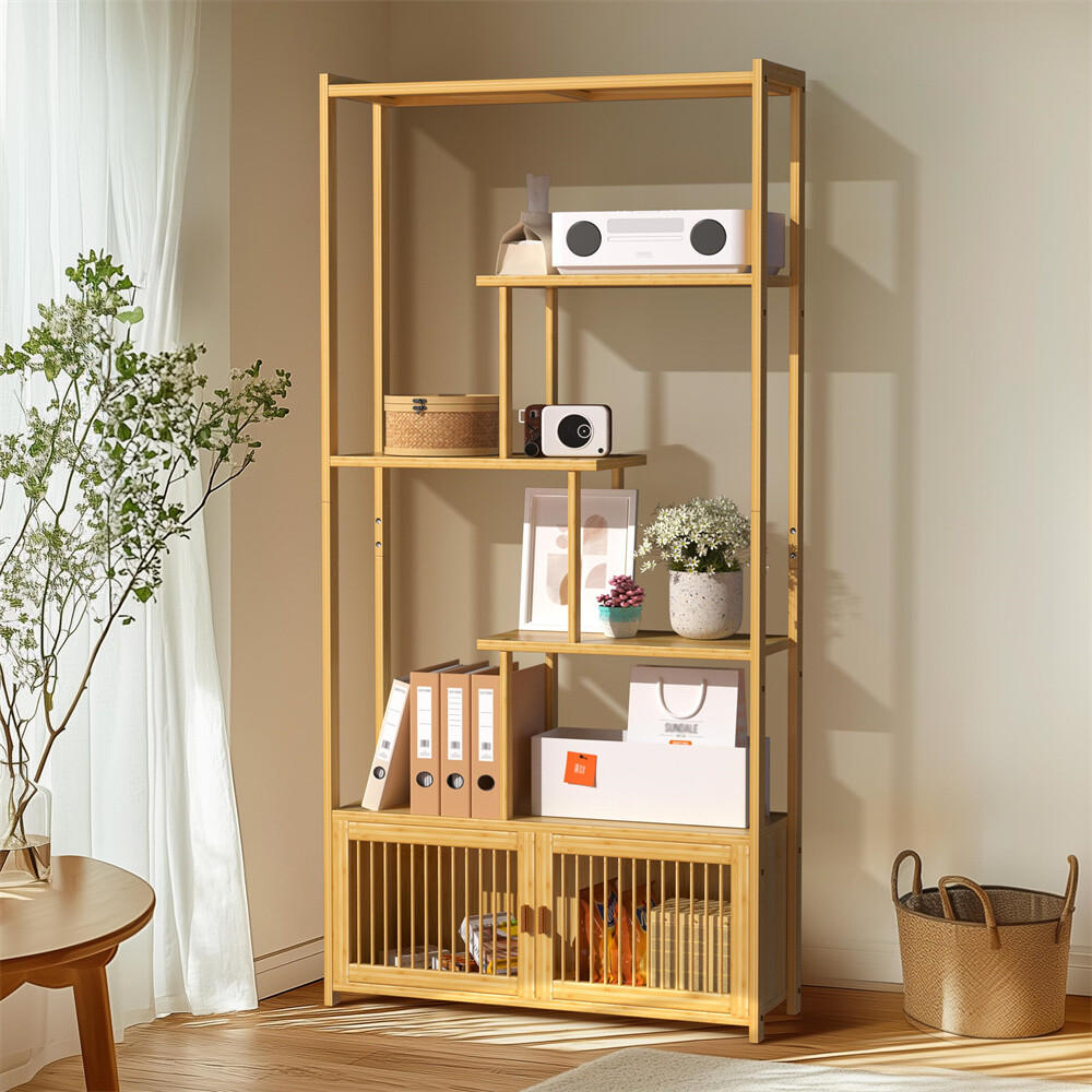 6-Tier Bookshelf w/ Cabinet Bamboo Tall Chinese Vintage Display Etagere Shelves