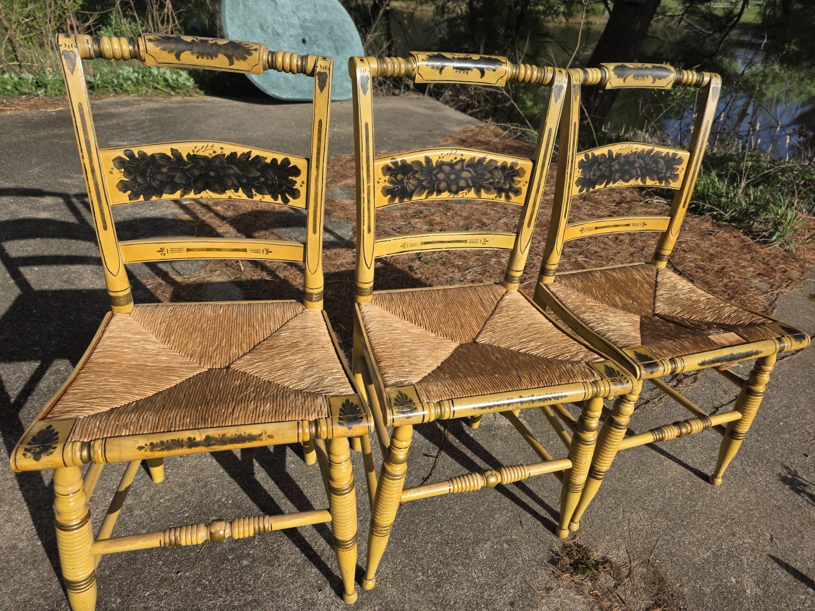 3 Yellow Antique American Painted Hitchcock Rush Seat Chair