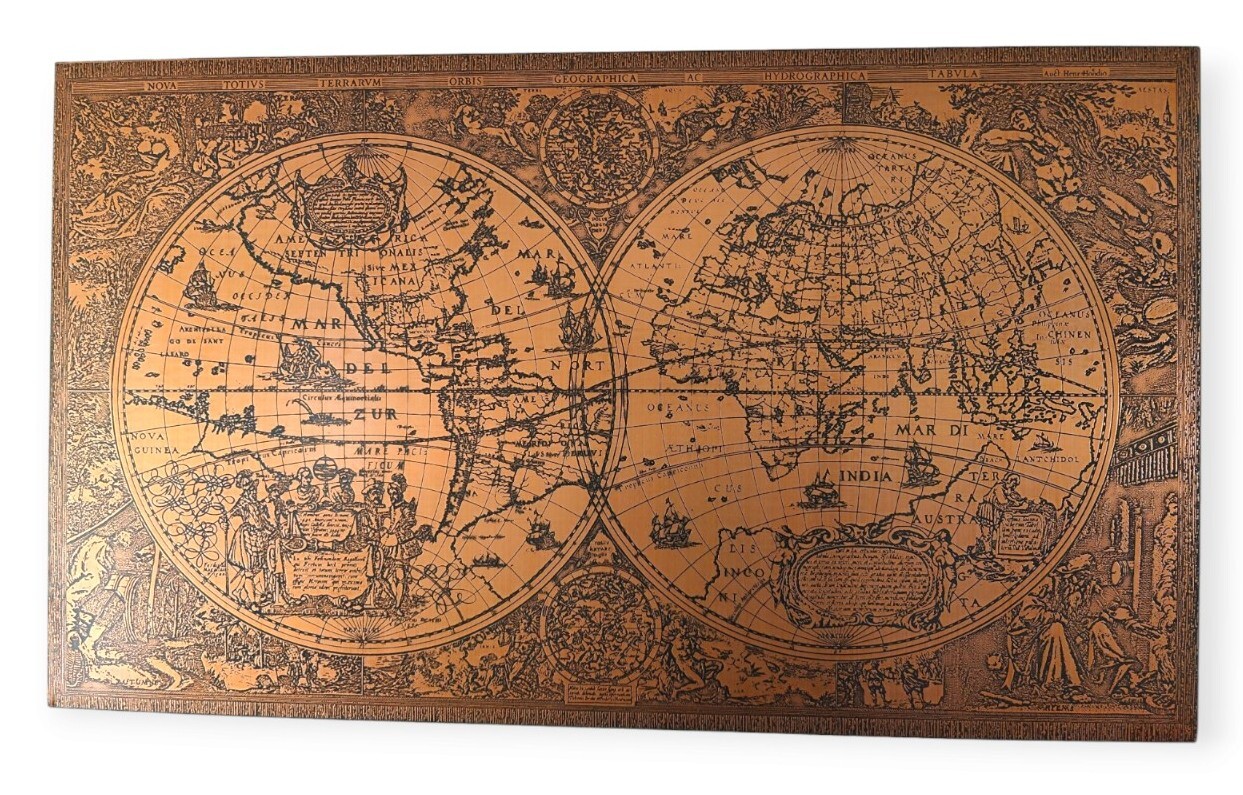 Rare Vintage World Map Engraved Copper Henricus Hondius 47″x27″ Wood Mount