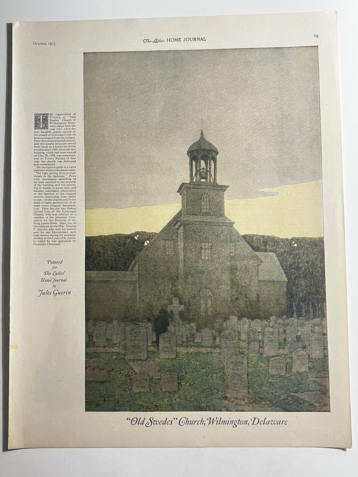 1923 J. GUERIN OLD SWEDES CHURCH WILMINGTON – Antique PAINTING PRINT 27x35cm LHJ